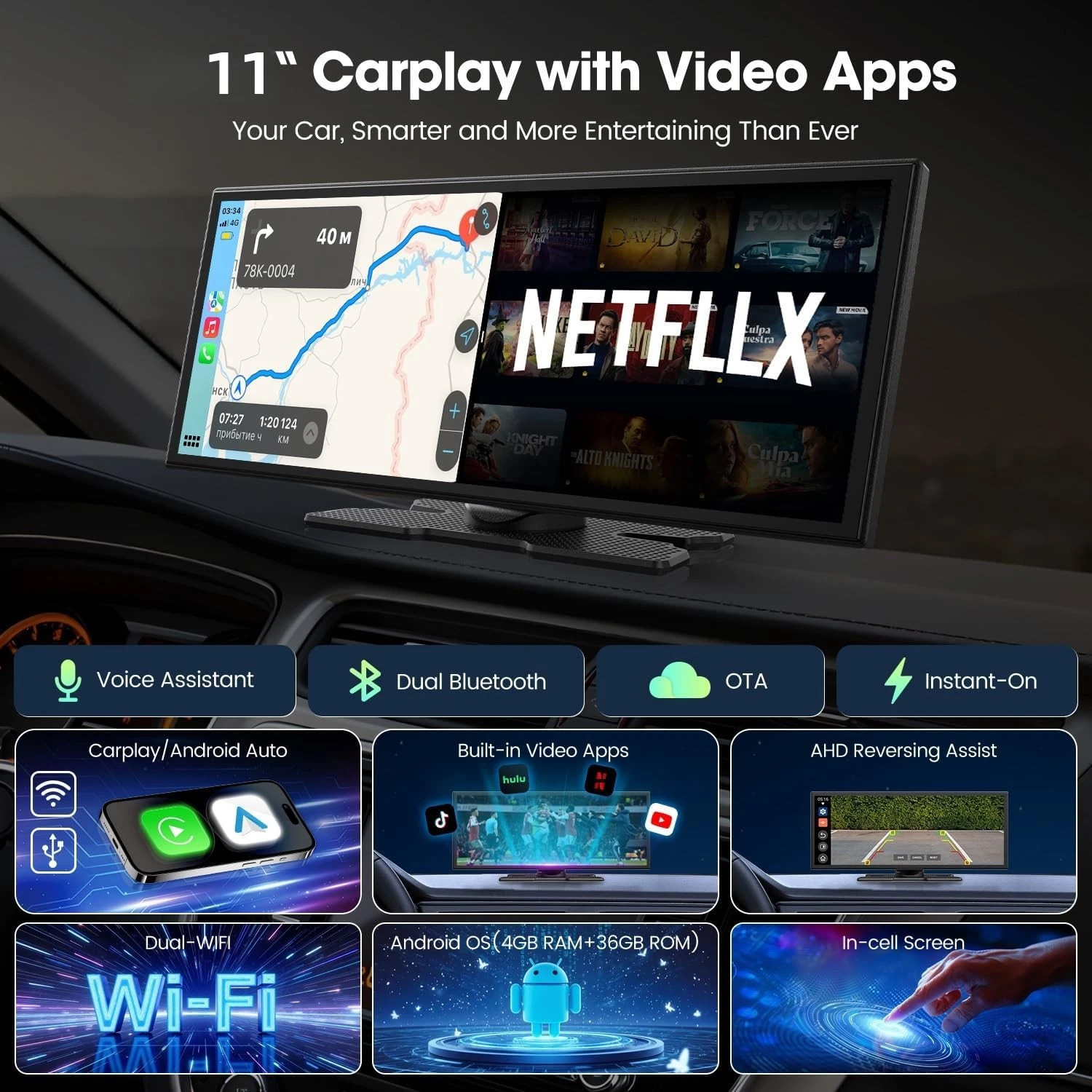 11″ Carplay Screen Wireless AI Video BOX with Net-Flix YouTube +Rear Camera