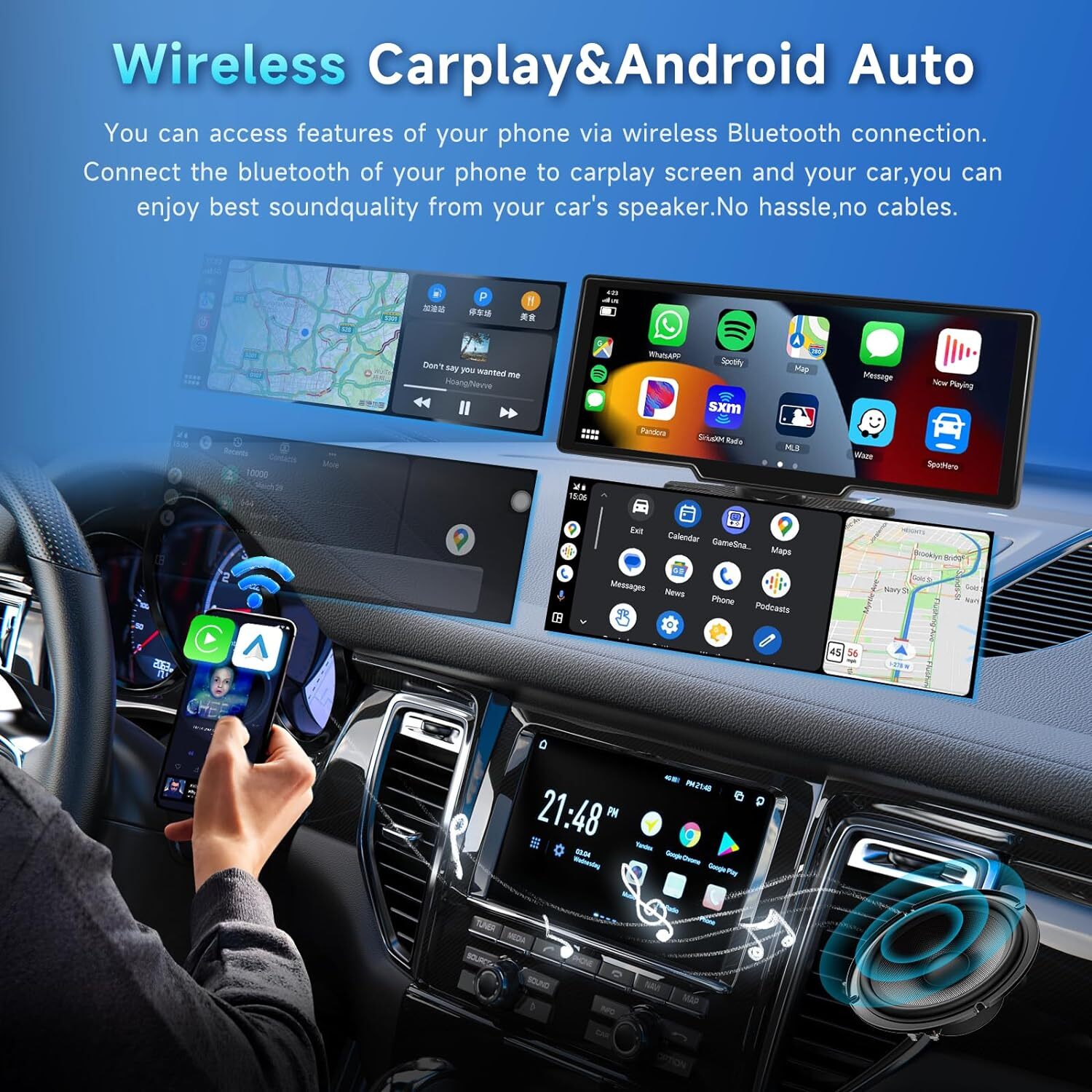 10.26″ IPS Touch Screen Car Radio Apple CarPlay Android Auto Portable Stereo+Cam