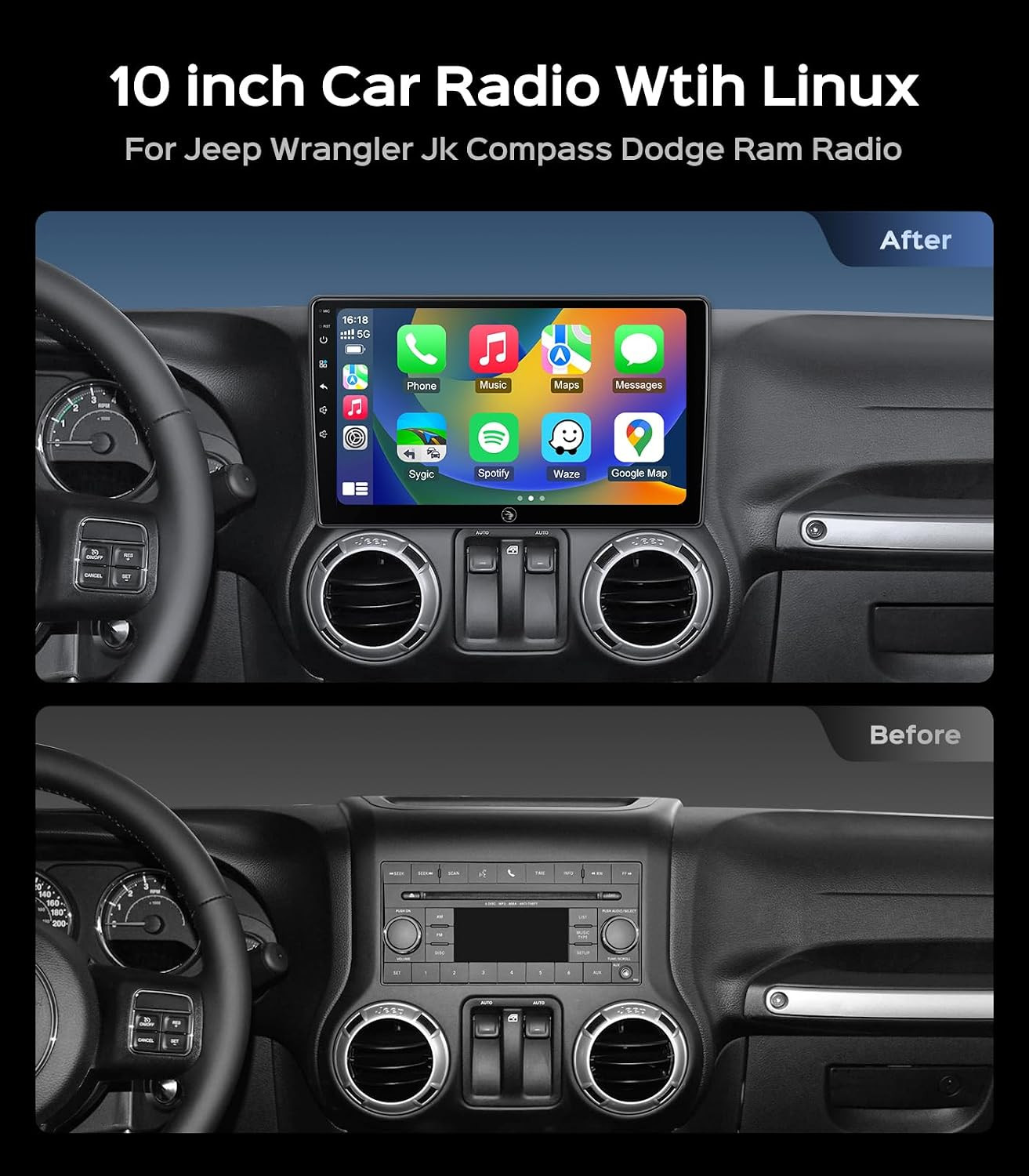 Car Radio Stereo for Jeep Wrangler JK Compass Patriot Liberty | Linux 10.2 Inch