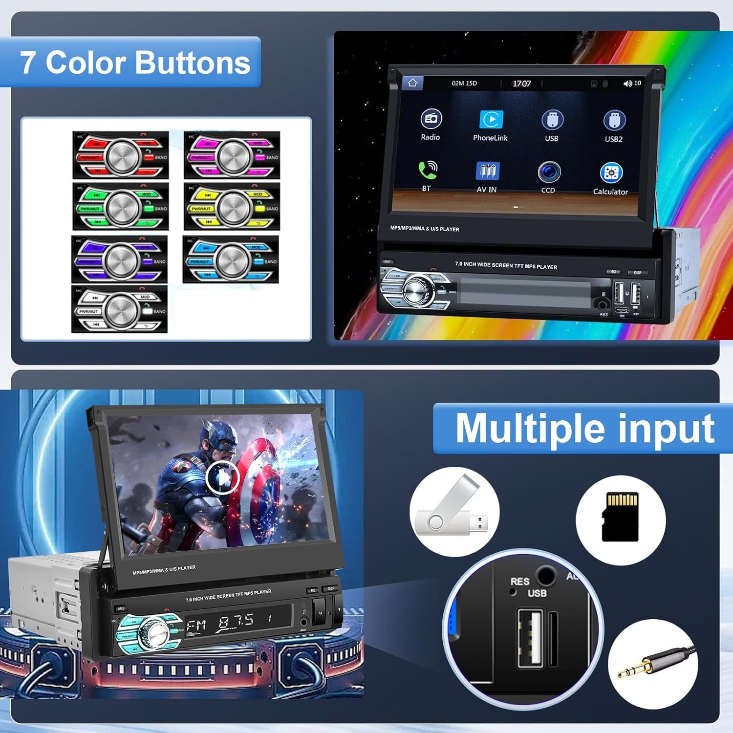 Single 1DIN Car Radio Stereo Touch Screen BT Flip out MP5 Player Carplay +Camera