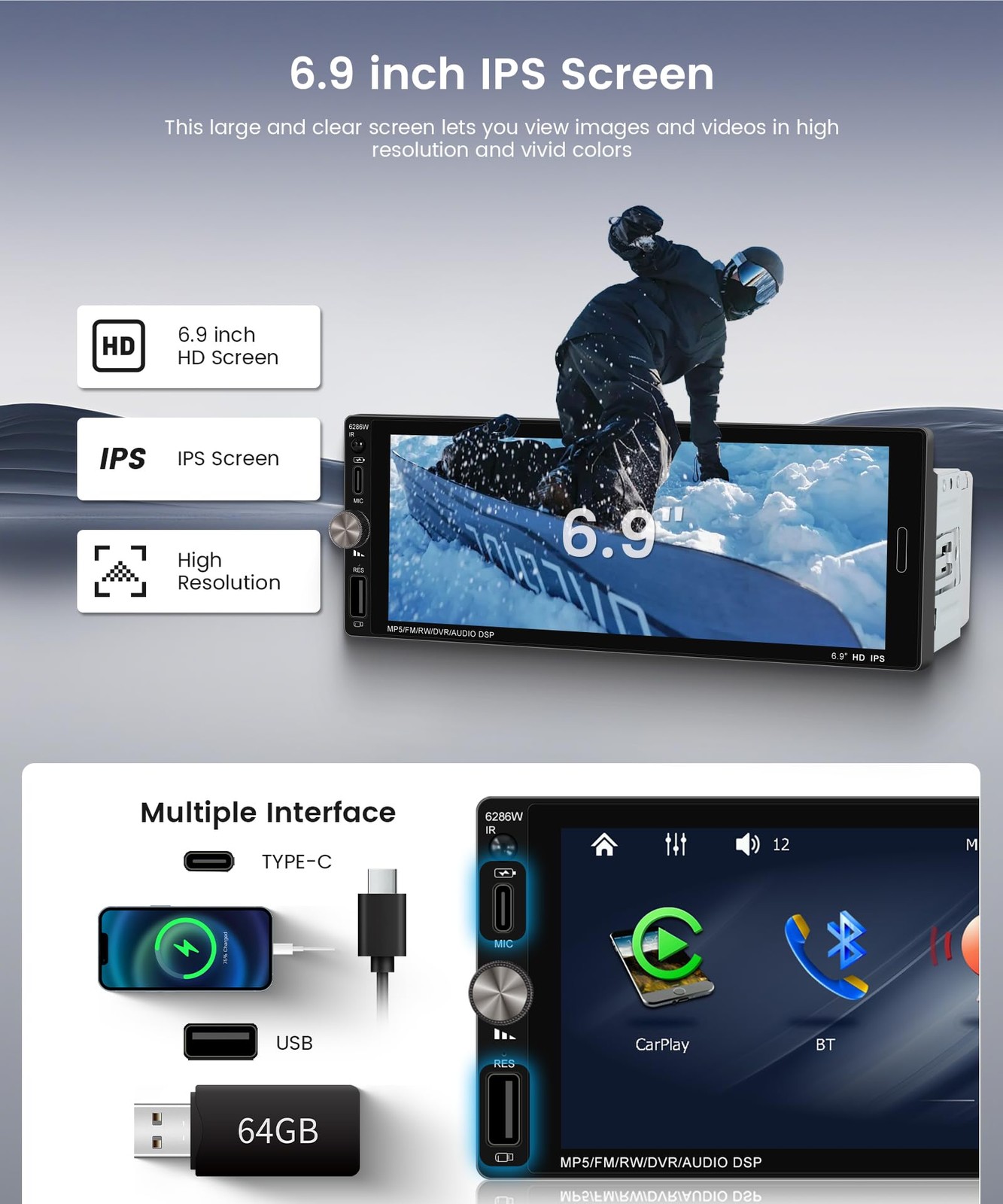 Single Din Car Radio Stereo Wireless Carplay & Android Auto, 6.9″ HD IPS Touc…