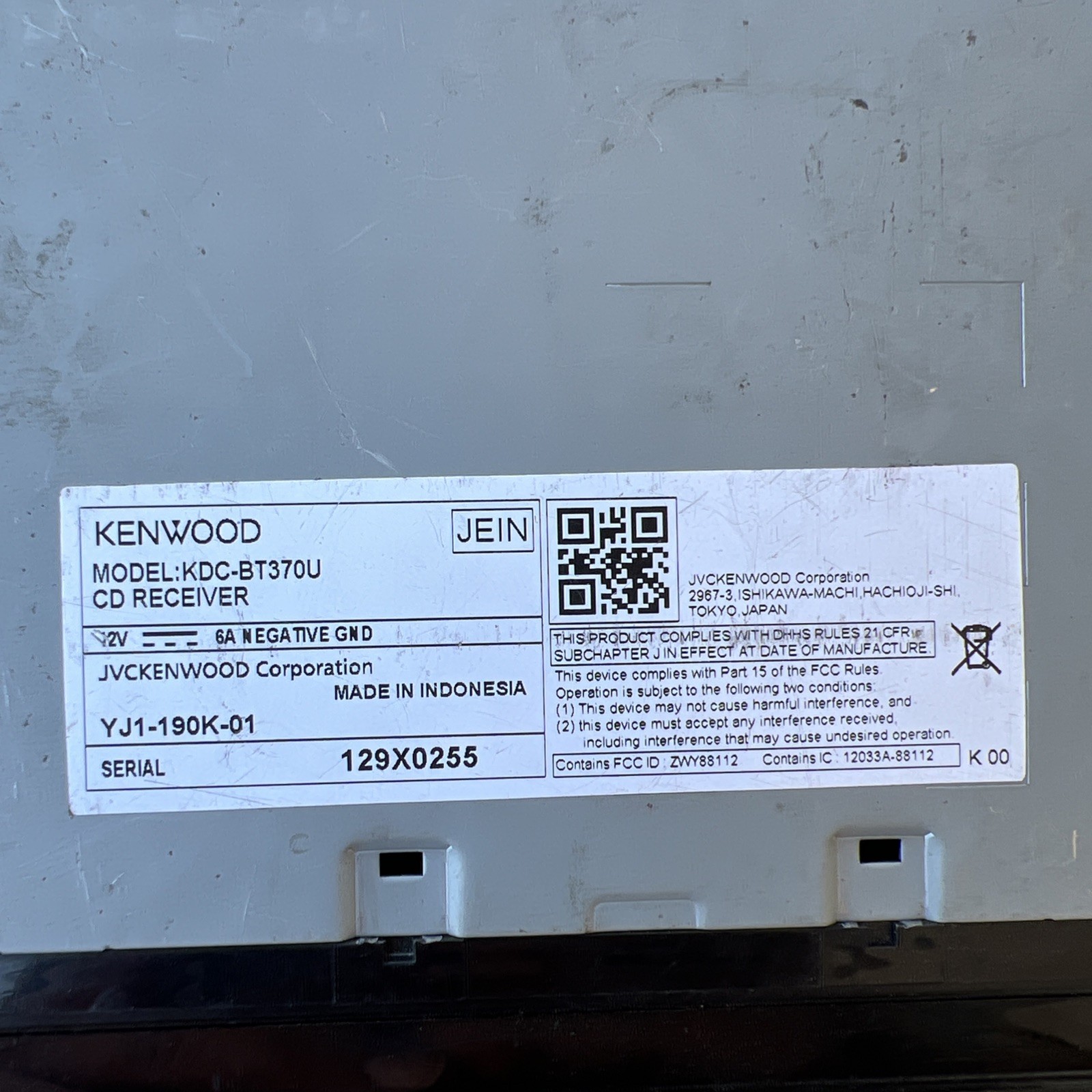 Kenwood KDC-BT370U Bluetooth 200w Car CD Player Android iPhone AM FM Untested