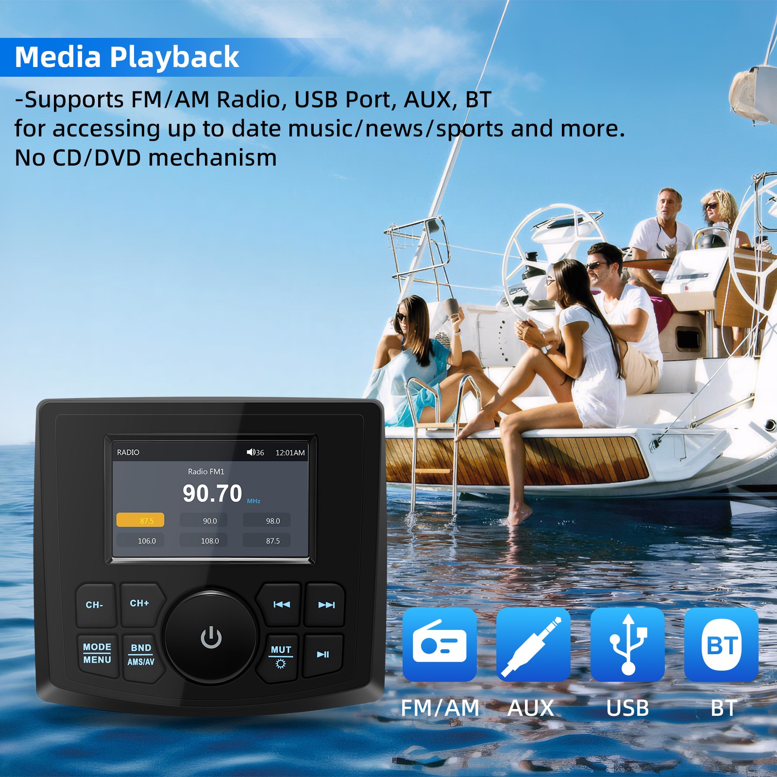 MP5 Marine Radio Boat Radio Stereo Media Video Player Waterproof Bluetooth