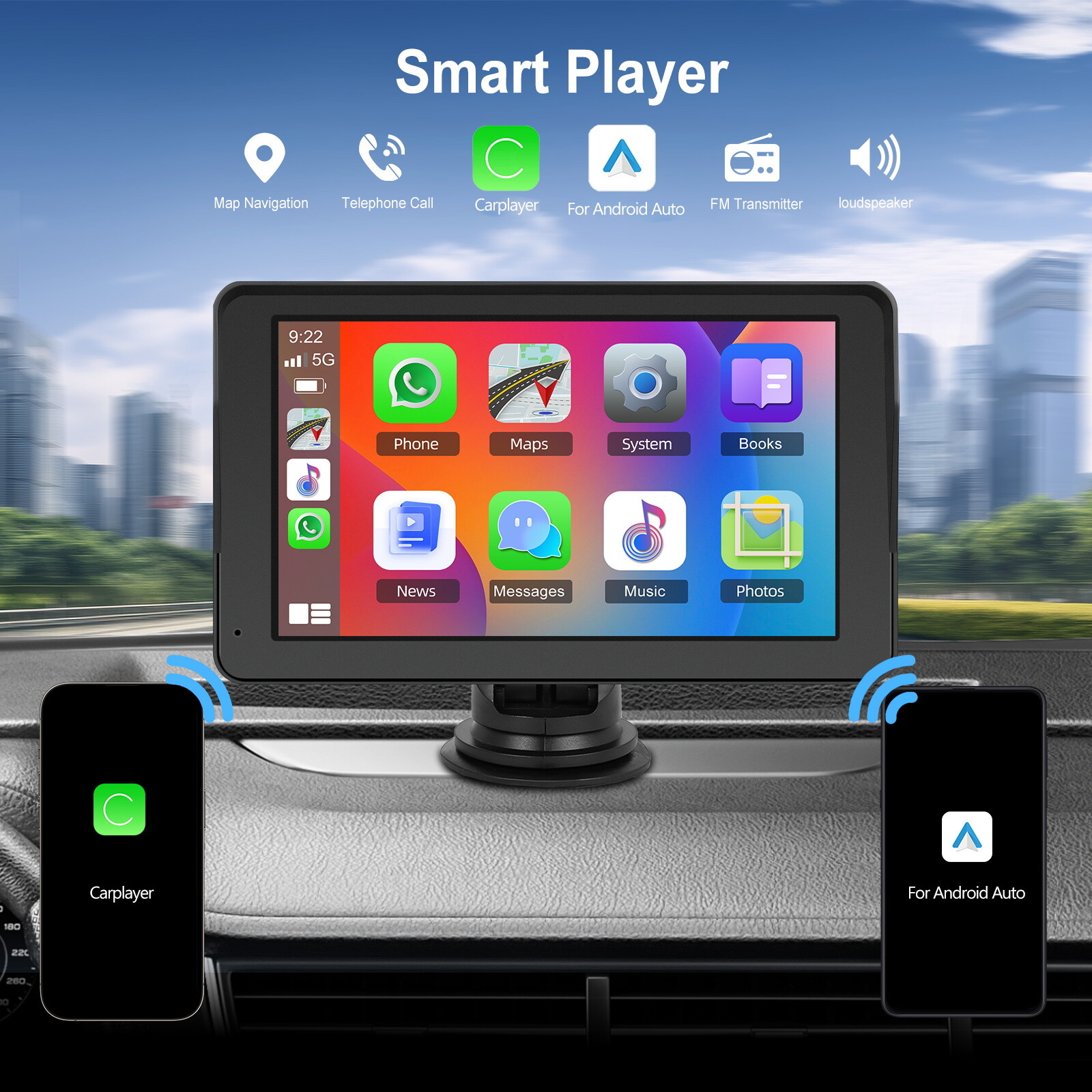 7″ Portable Car Stereo Wireless Apple CarPlay Android Auto BT GPS Radio + Camera