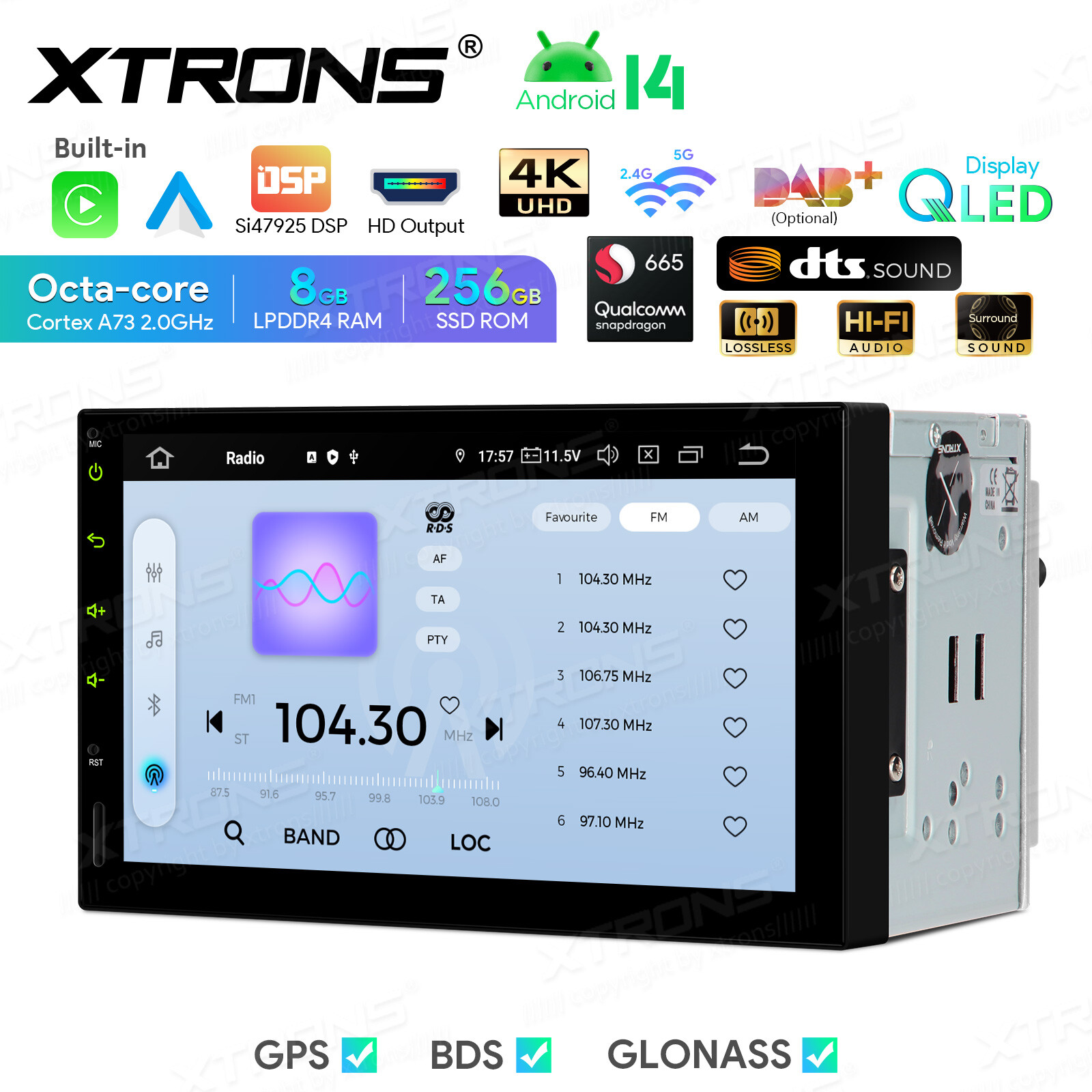 2 DIN Android 14 CarPlay Head Unit 8GB 256GB GPS DTS Sound 7″ Touchscreen WIFI