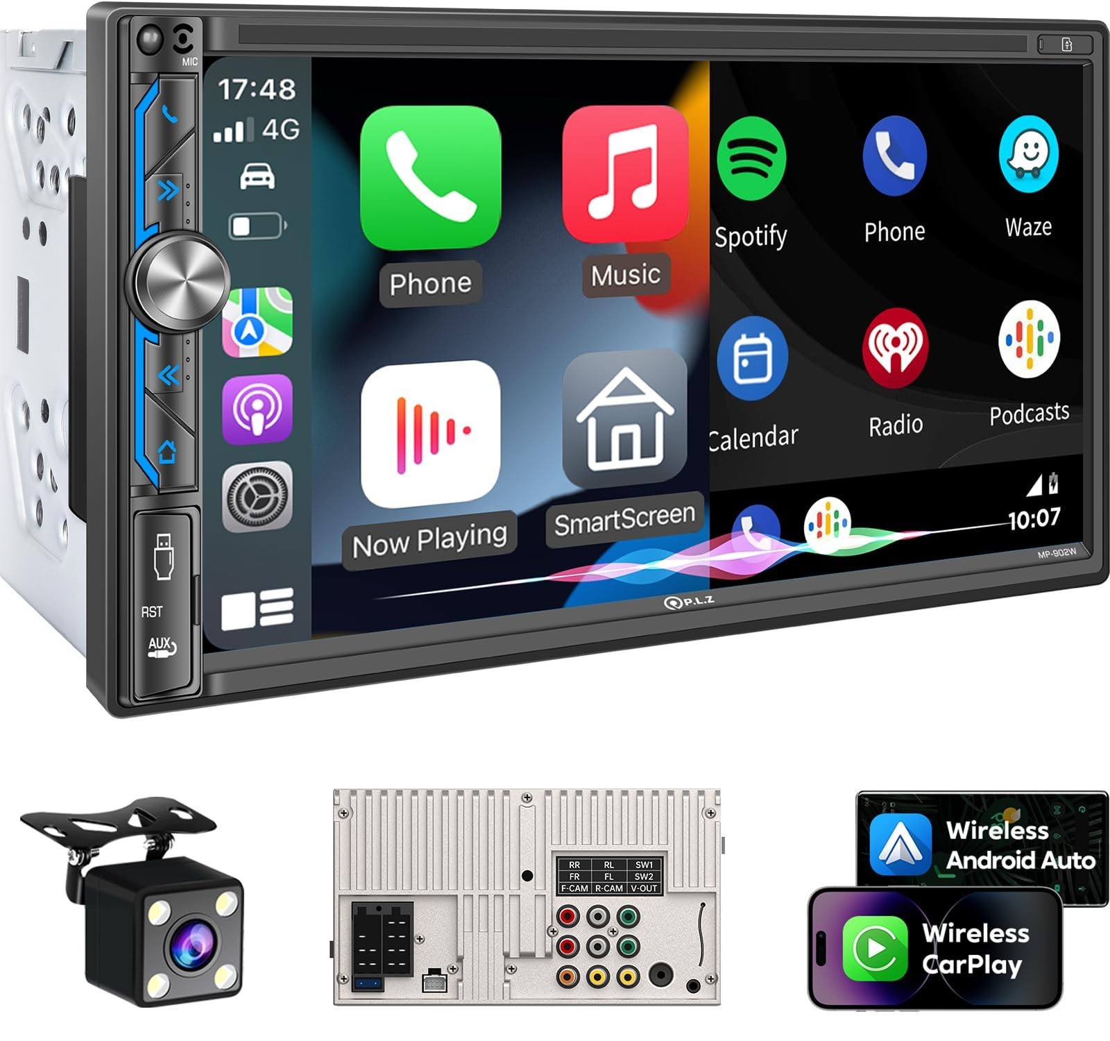 7″ Wireless Double Din Car Stereo – Apple CarPlay, Bluetooth 5.3, Touchscreen, B