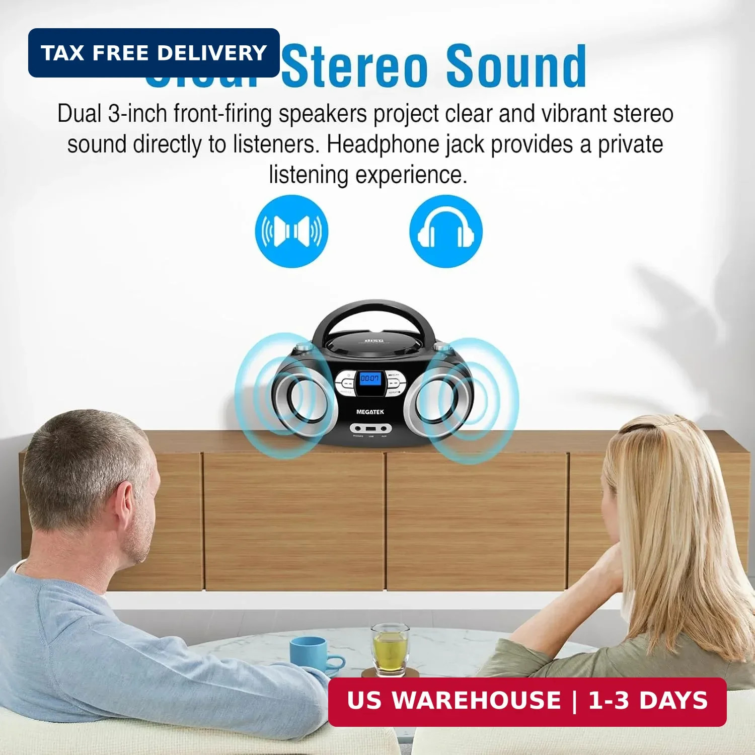 MEGATEK Portable CD Player Boombox with FM Radio, Bluetooth, USB Port, AUX Input