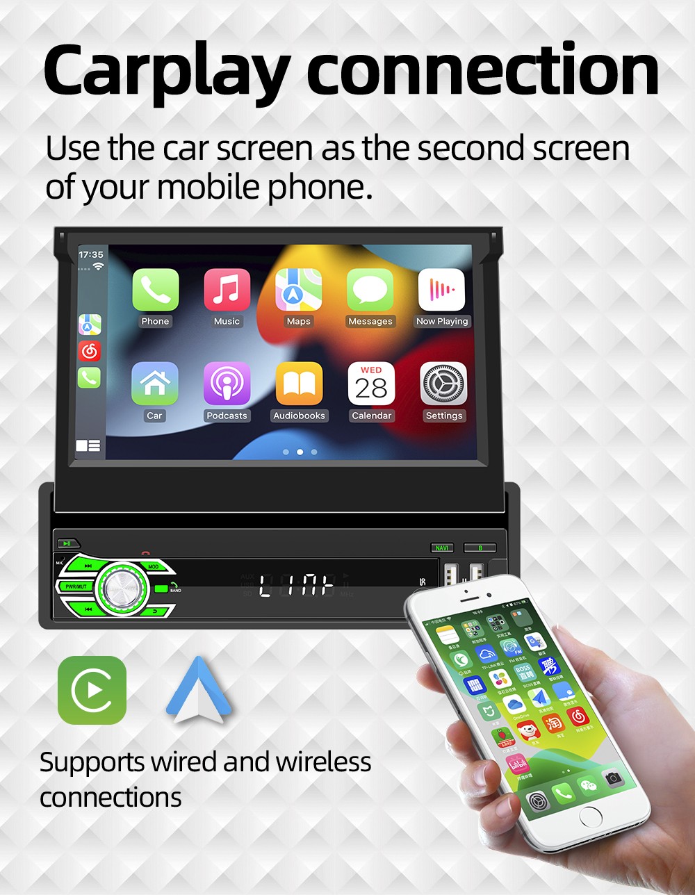 7″ Single 1 DIN Android 15 Flip Out Screen Carplay Car Stereo USB WIFI 64G+AHD