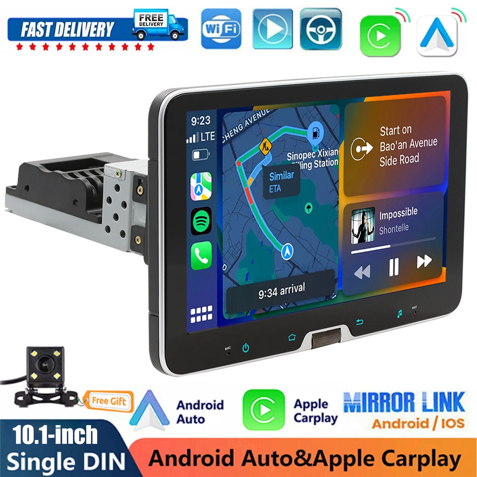 10″ 1 Din Car Stereo with CarPlay & Android Auto, Rotatable Touch Screen Radio