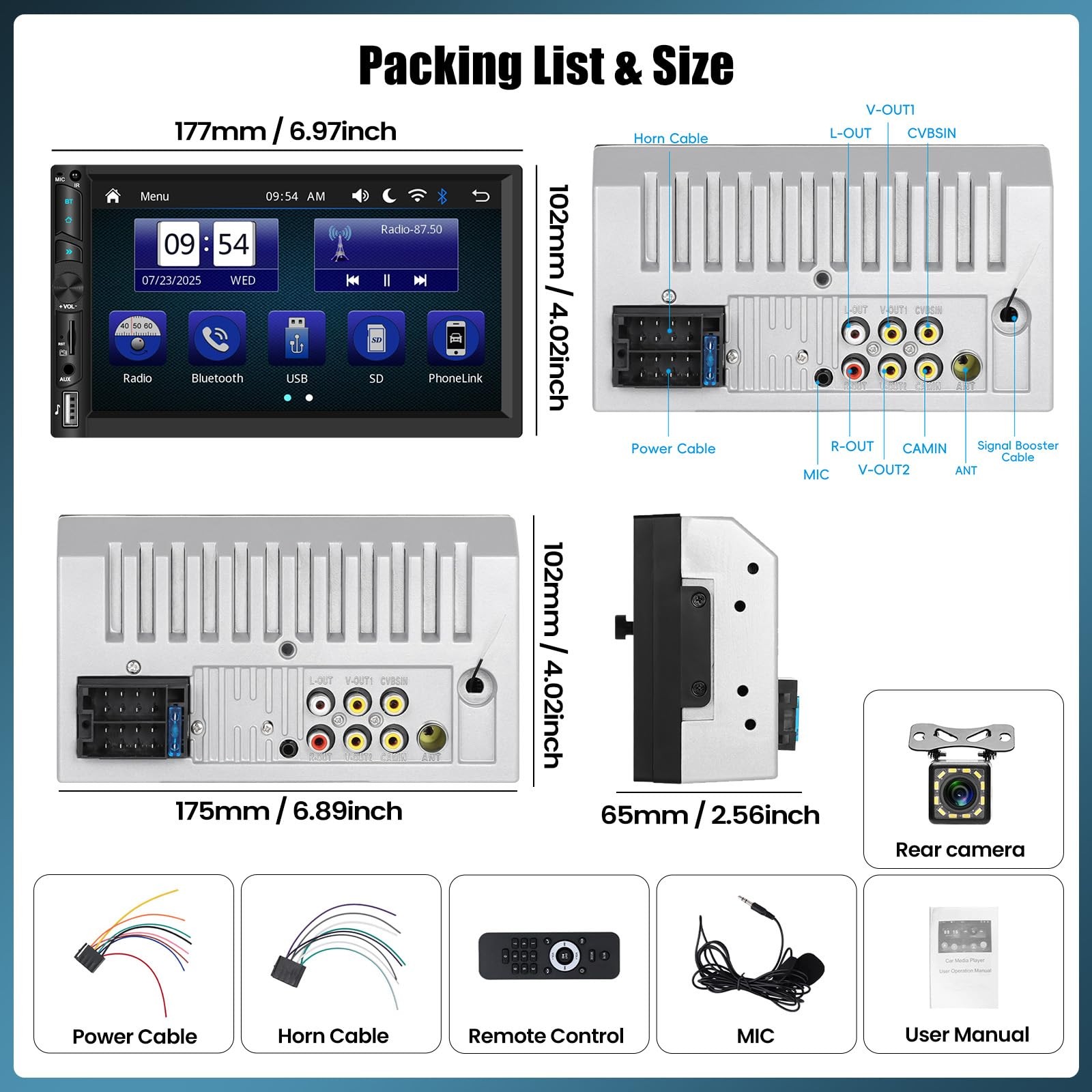 Double Din Wireless Carplay Android Auto Bluetooth Car Radio, 7 Inch Model 2