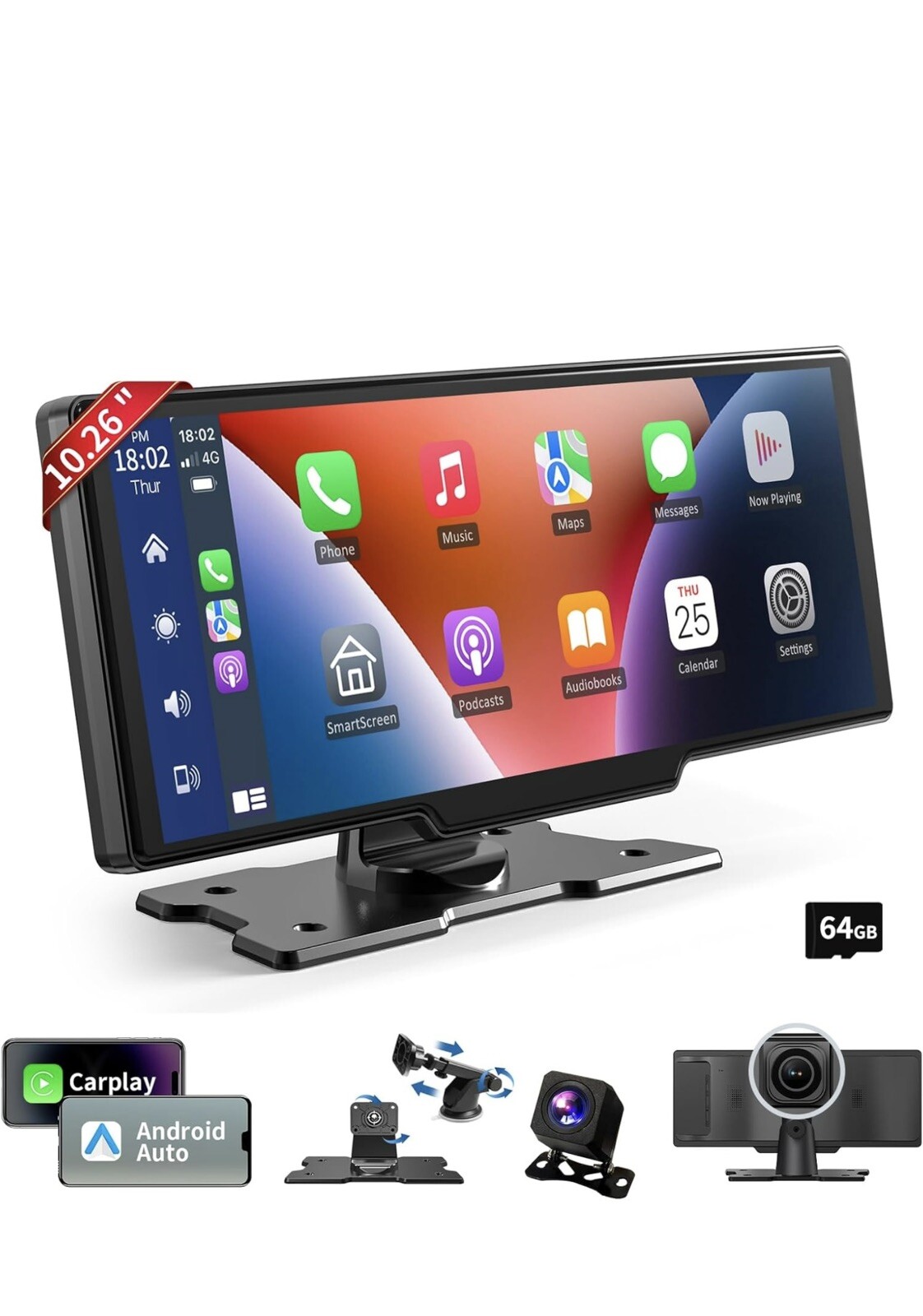 Wireless Portable Carplay Screen for Car, 10.26″ HD IPS Apple Carplay and And…