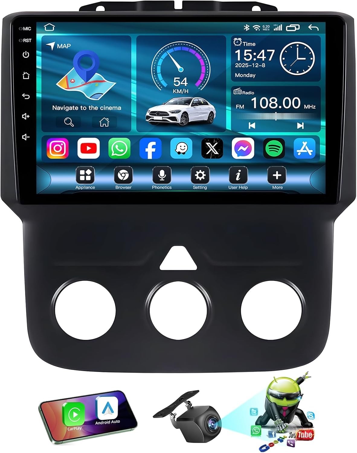 9″ 8Core 32G Android Auto Carplay for 2013-2018 Dodge Ram 1500 2500; Manual AC