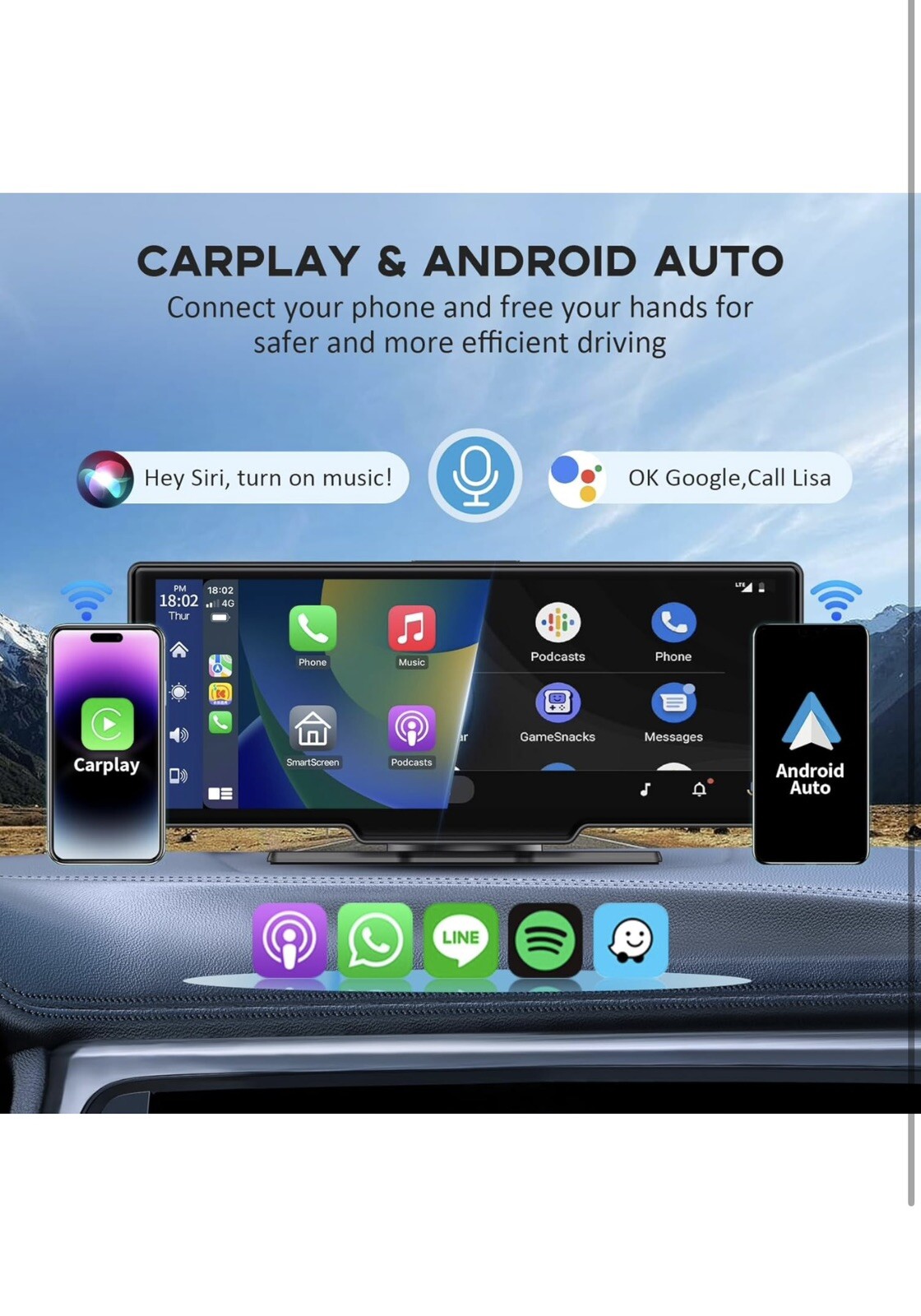 Wireless Portable Carplay Screen for Car, 10.26″ HD IPS Apple Carplay and And…