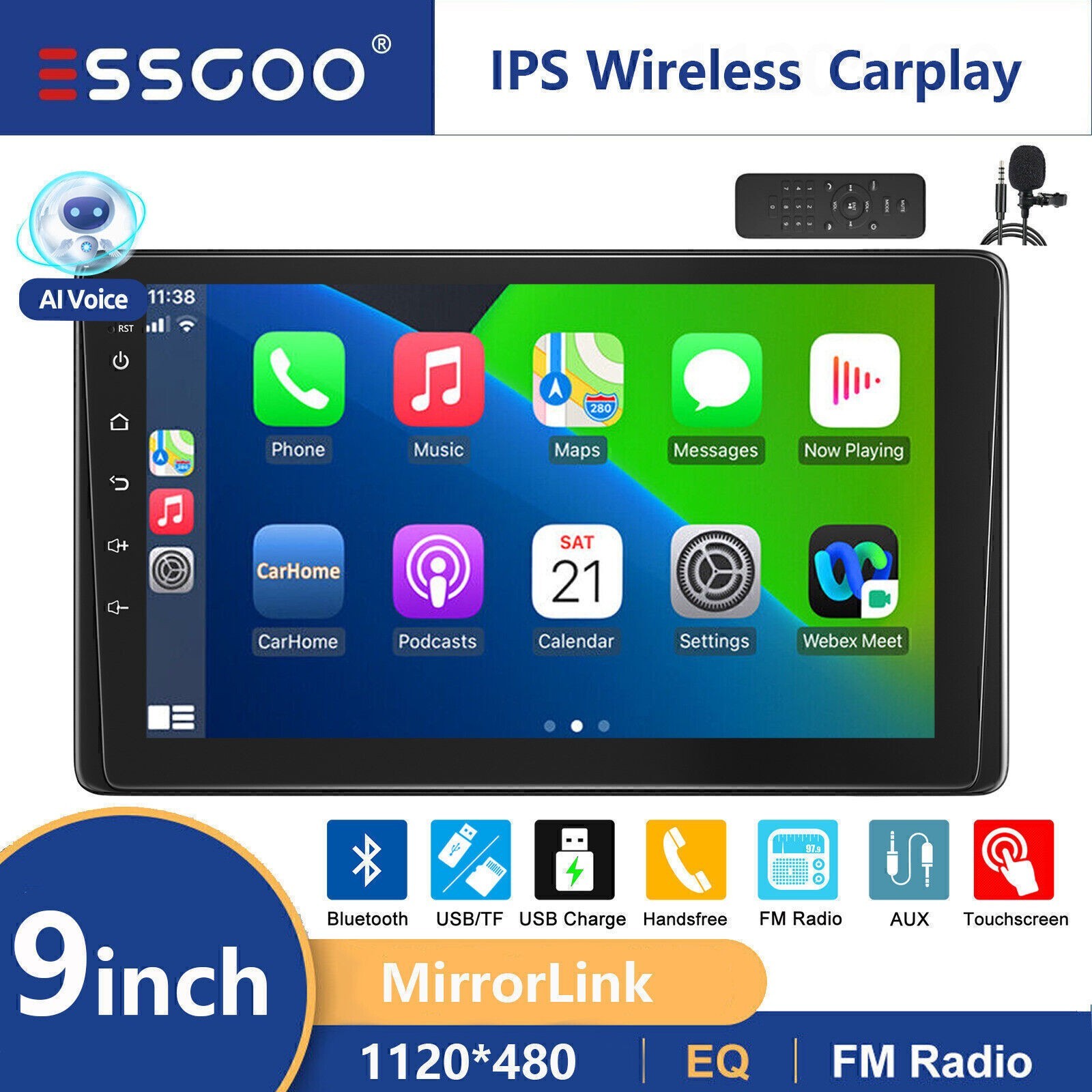 Car Stereo Wireless Carplay Android Auto Radio 1 DIN 9″ Bluetooth USB AUX-IN TF