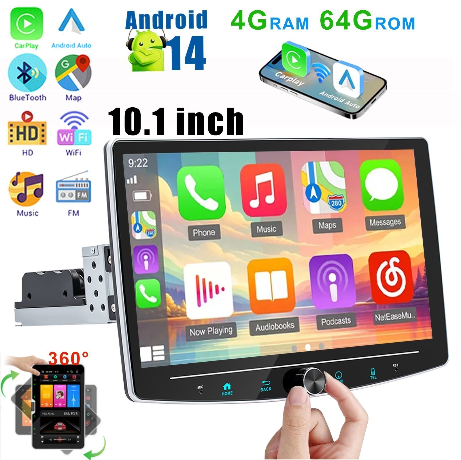 Rotatable 10.1″ Single Din Car Stereo with Apple Carplay Android Auto 4G+64G