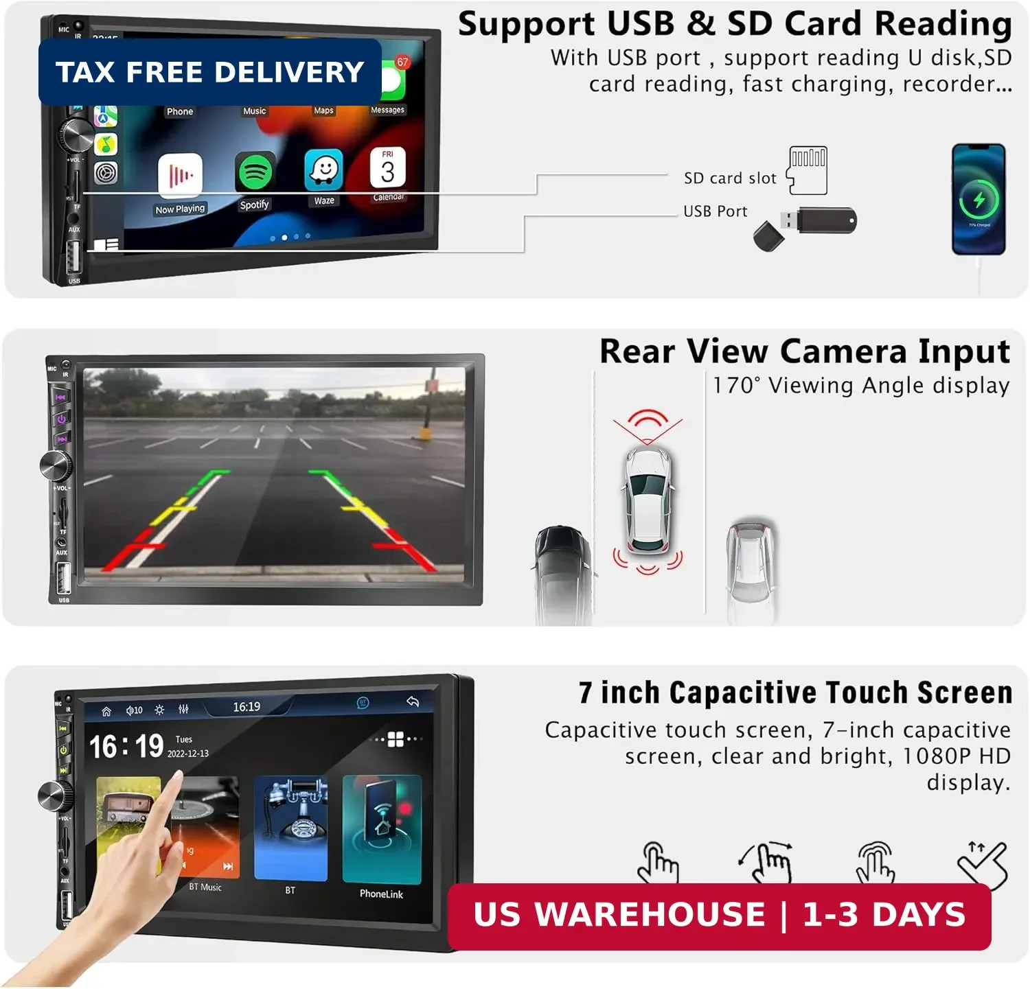 Upgrade Wireless 7″ Double Din Car Stereo Apple CarPlay Android Auto 178 * 102mm