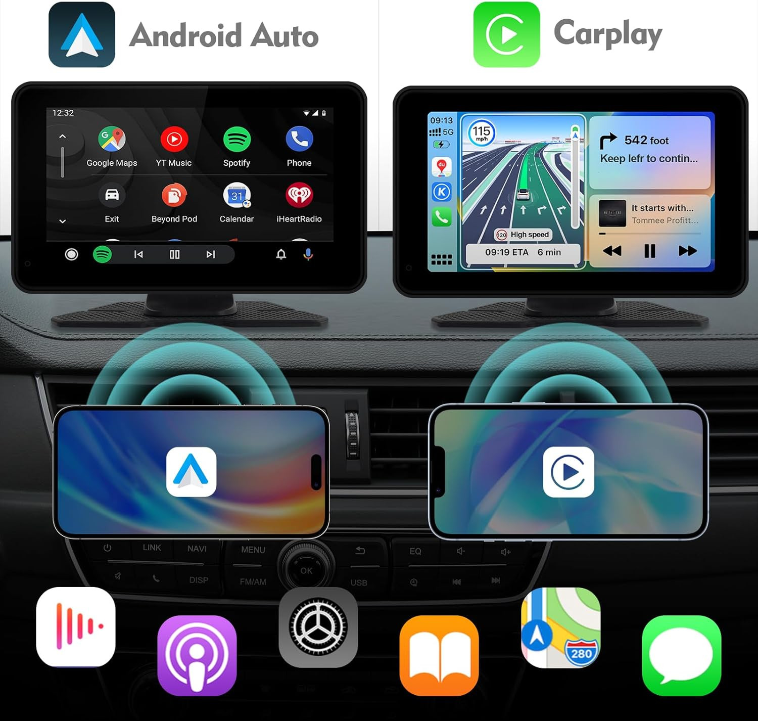 7″ HD Portable Wireless Carplay for Car Stereo Touch Screen with Apple Carplay &
