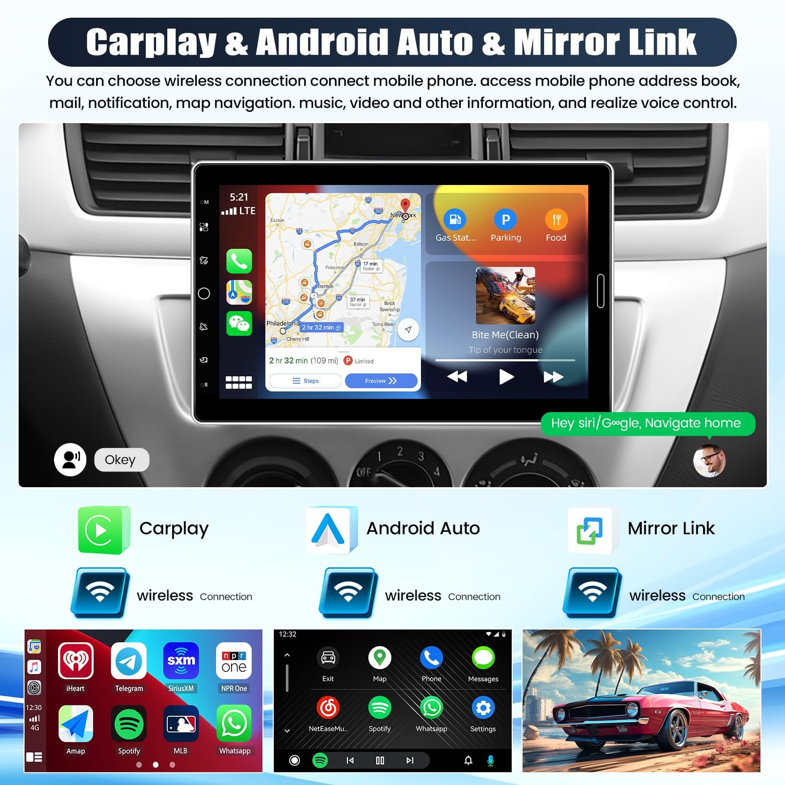 10.1 Inch Single Din Car Radio Stereo with Wireless CarPlay&Android Auto, Det…