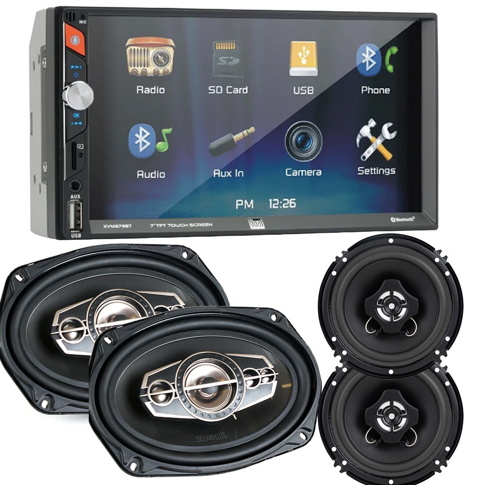 Dual 7″ Bluetooth Car Stereo AM/FM Radio (No CD) Media Receiver & Car Speakers