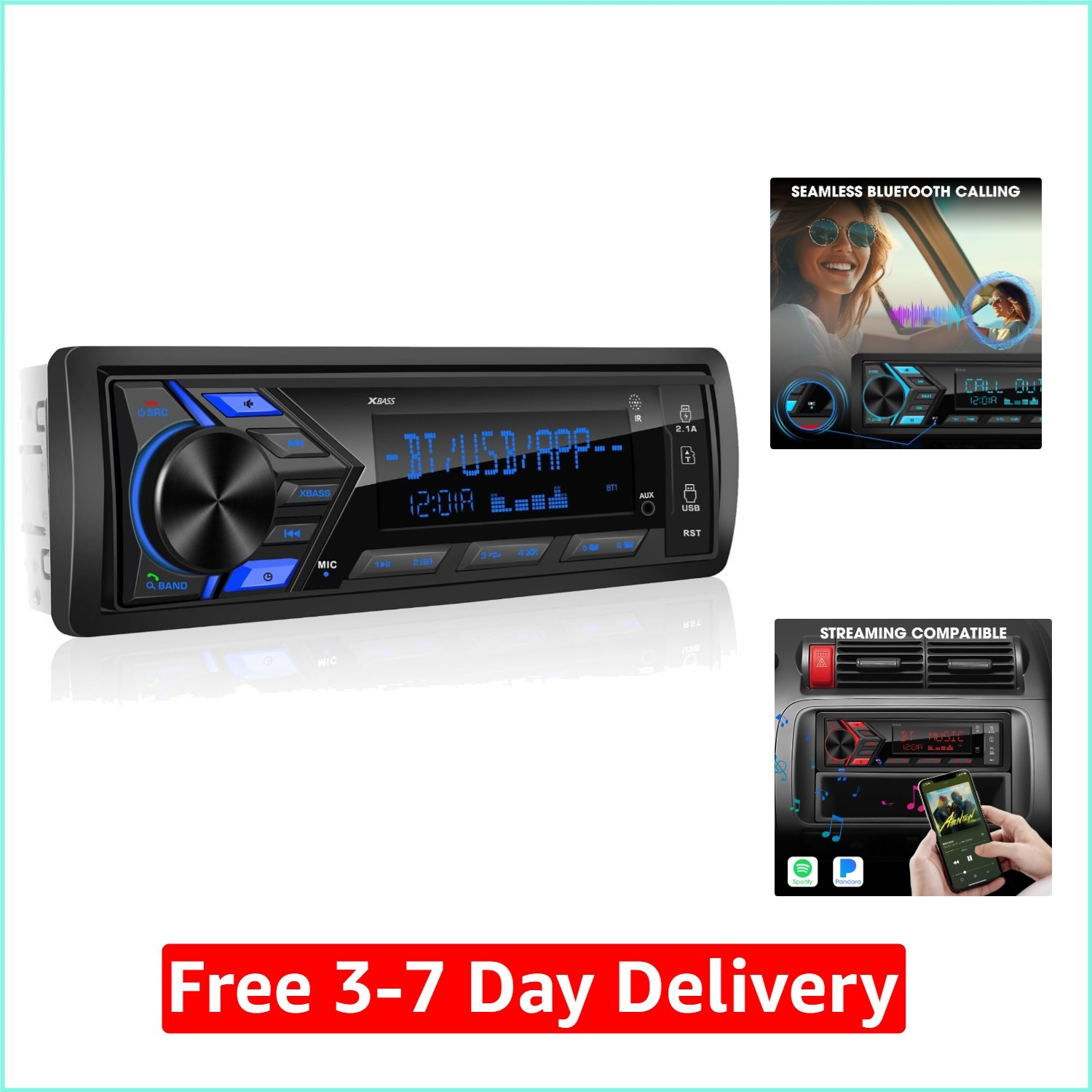 300W Bluetooth Marine Stereo Receiver – Single DIN In-Dash AM/FM Radio with USB/