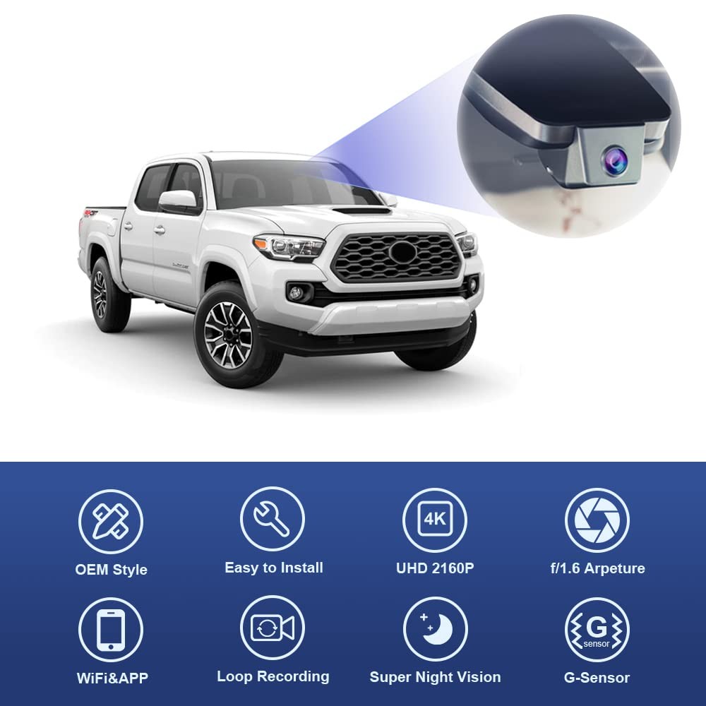 Fitcamx 4K Dash Cam for Toyota Tacoma 2018-2023 All Trims, OEM Look, WiFi, 64GB