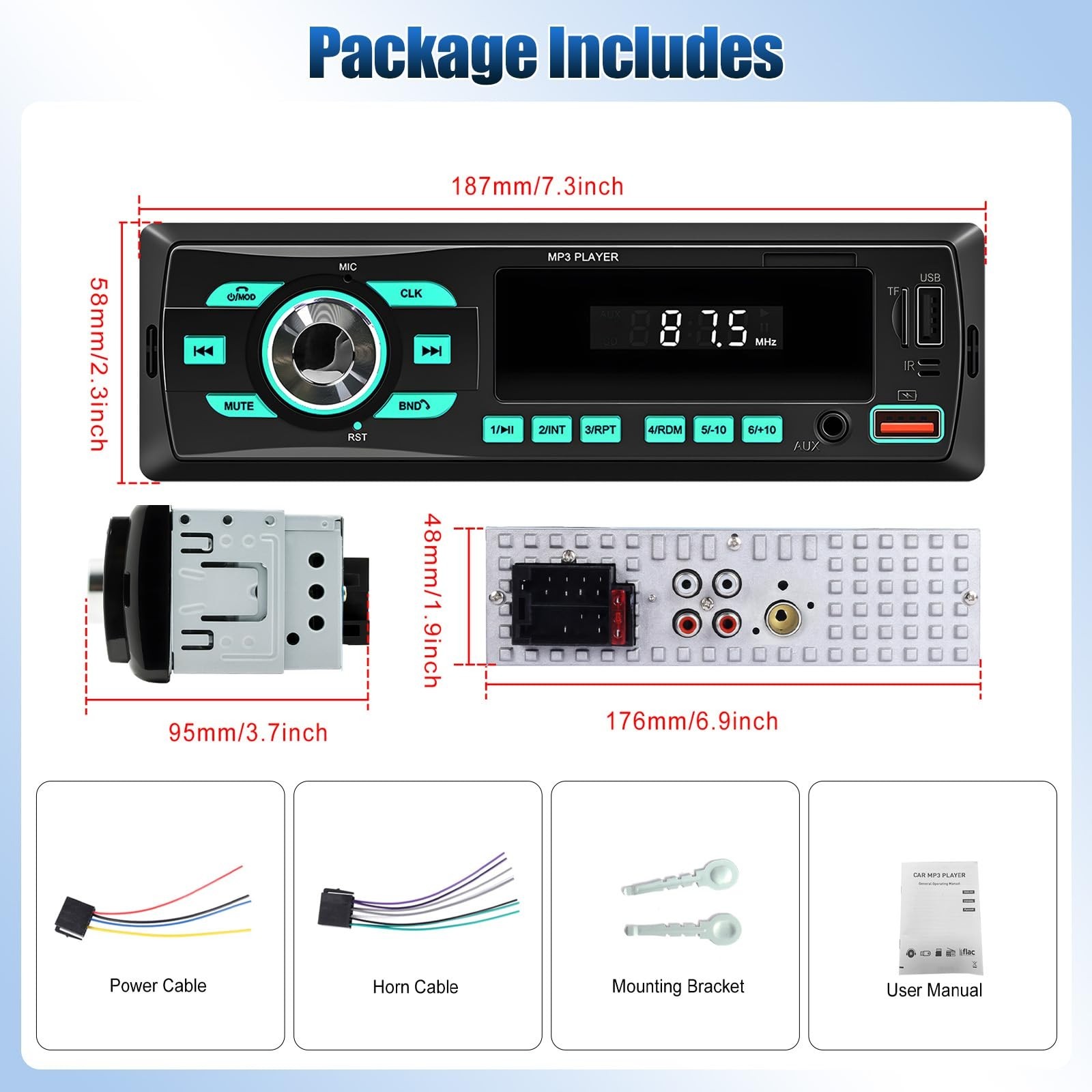 Bluetooth Car Stereo Single DIN – Dual USB, FM/MP3/SD/AUX, EQ, Quick Charge
