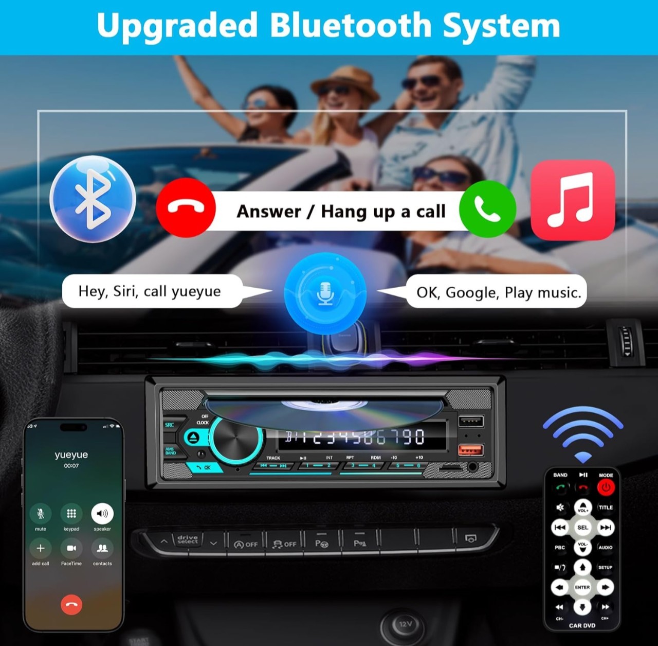 Single DIN CD/DVD Car Stereo – Bluetooth, App Control & 7-Color Backlit Display