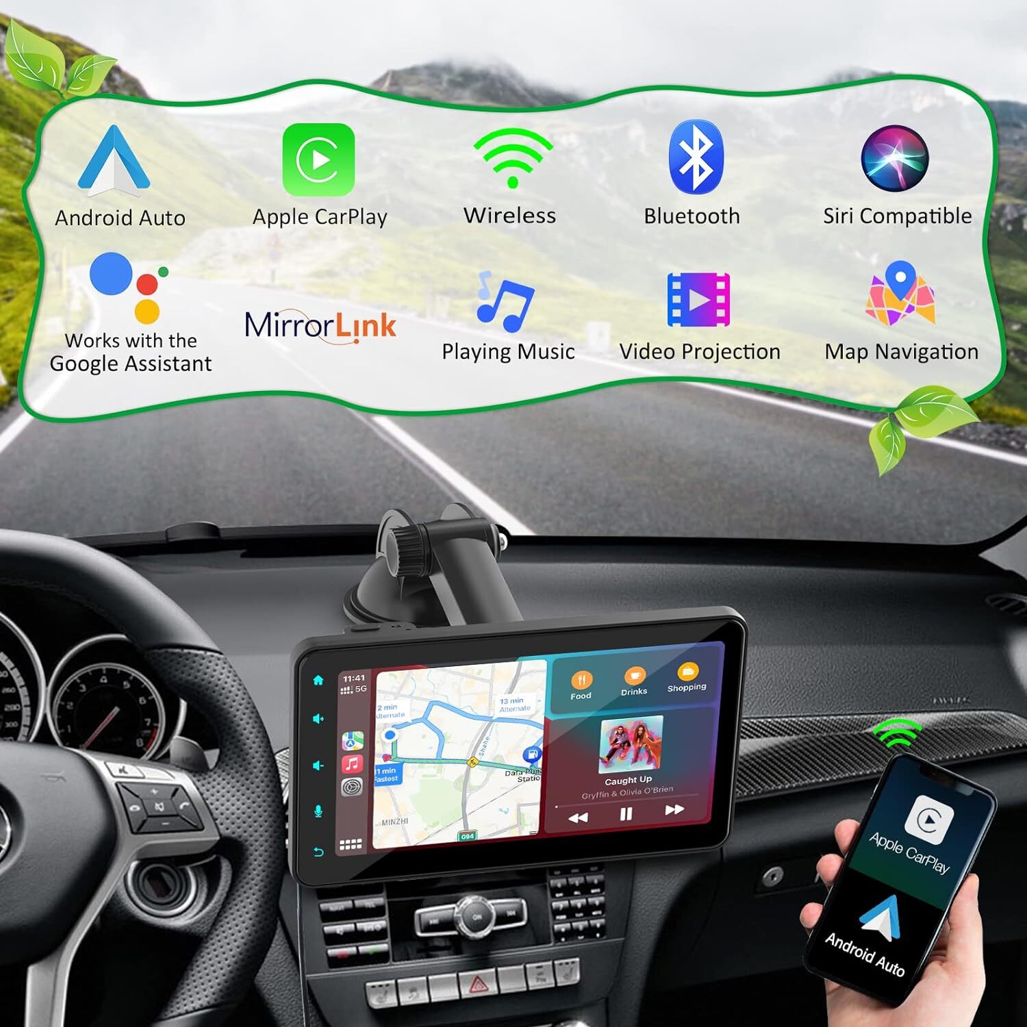 Carpuride 7” Wireless Carplay Android Auto Car Radio Mirror Link Color Light Key