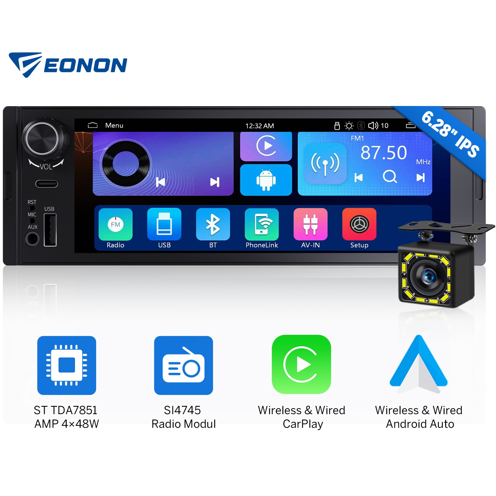 Eonon X3U 6.28″ IPS Android Auto Car Stereo Radio Wireless CarPlay GPS 1 DIN CAM