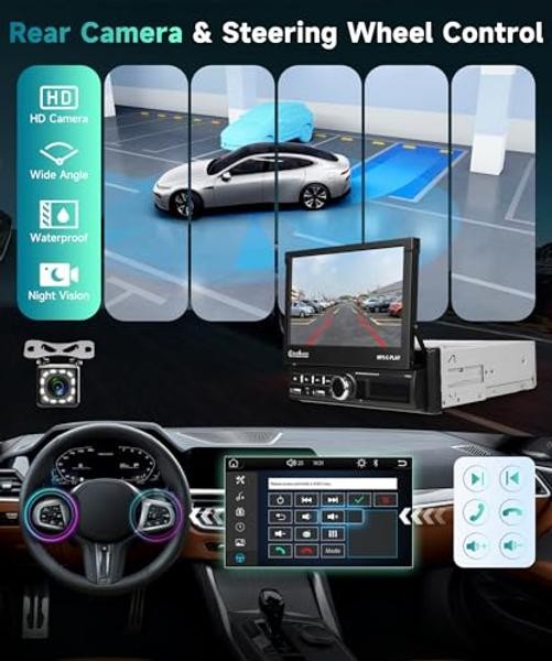 Single Din Car Stereo with Wireless Carplay Android Auto, 7″ Automatic&FM/RDS