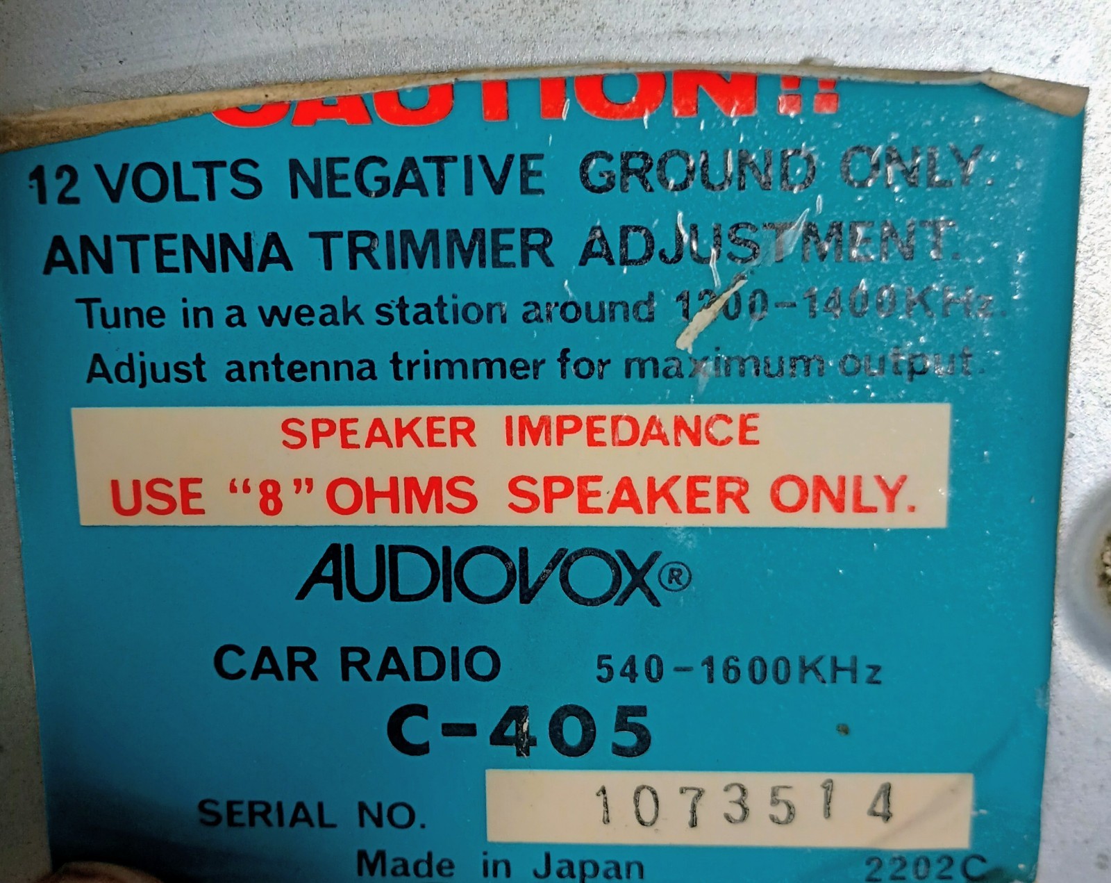 Audiovox Solid State Car Radio C-405 In-Dash 12V AM 540-1600kHz Tested NOS