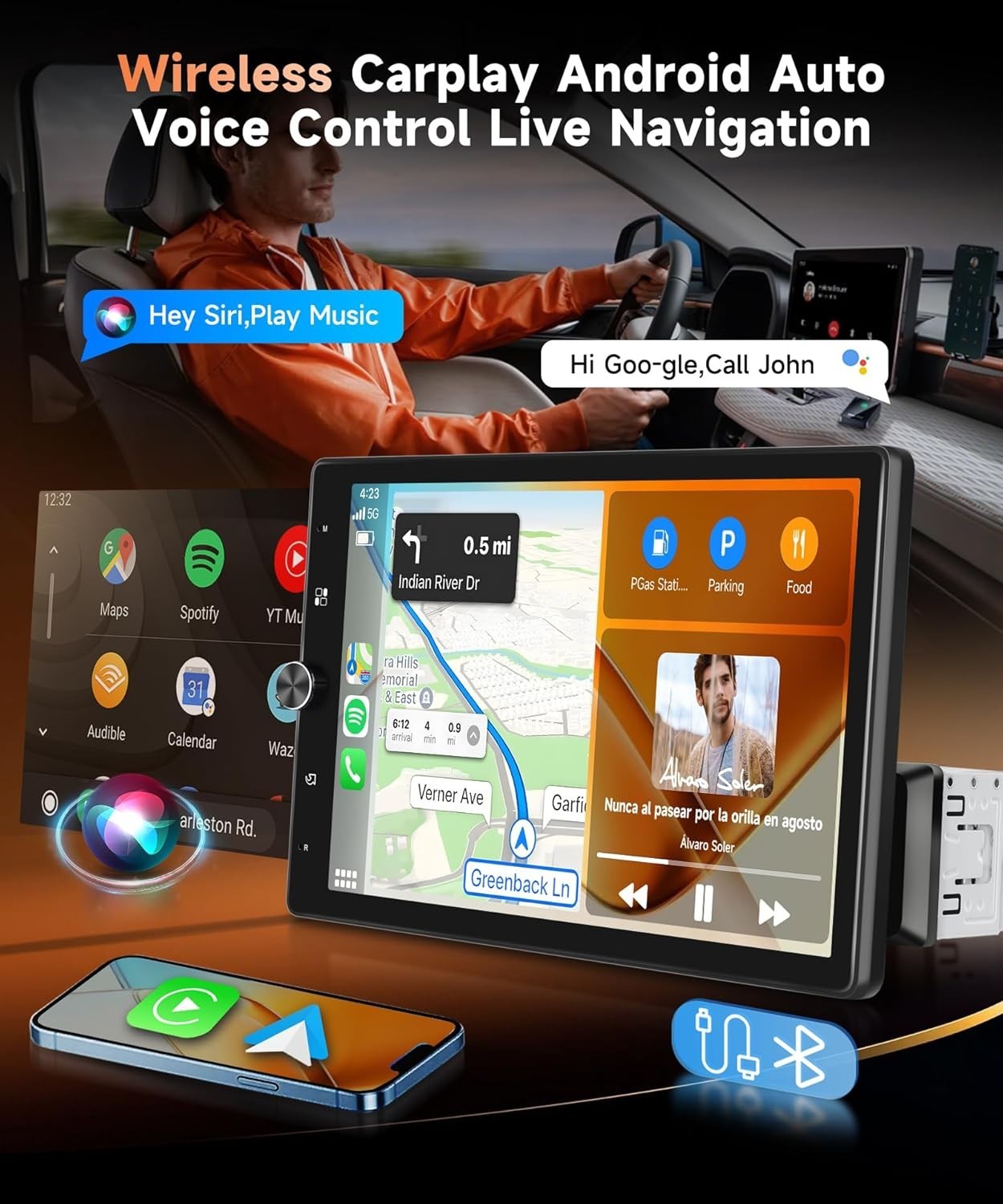 10.4” Single Din Car Stereo with Wireless CarPlay Android Auto, HD Rotation …