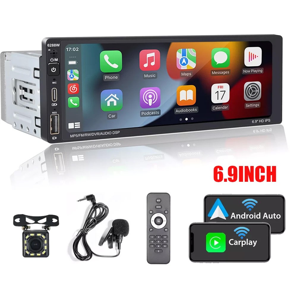 Single Din Car Stereo Wireless Apple CarPlay 6.9 Touchscreen Bluetooth Radio USB