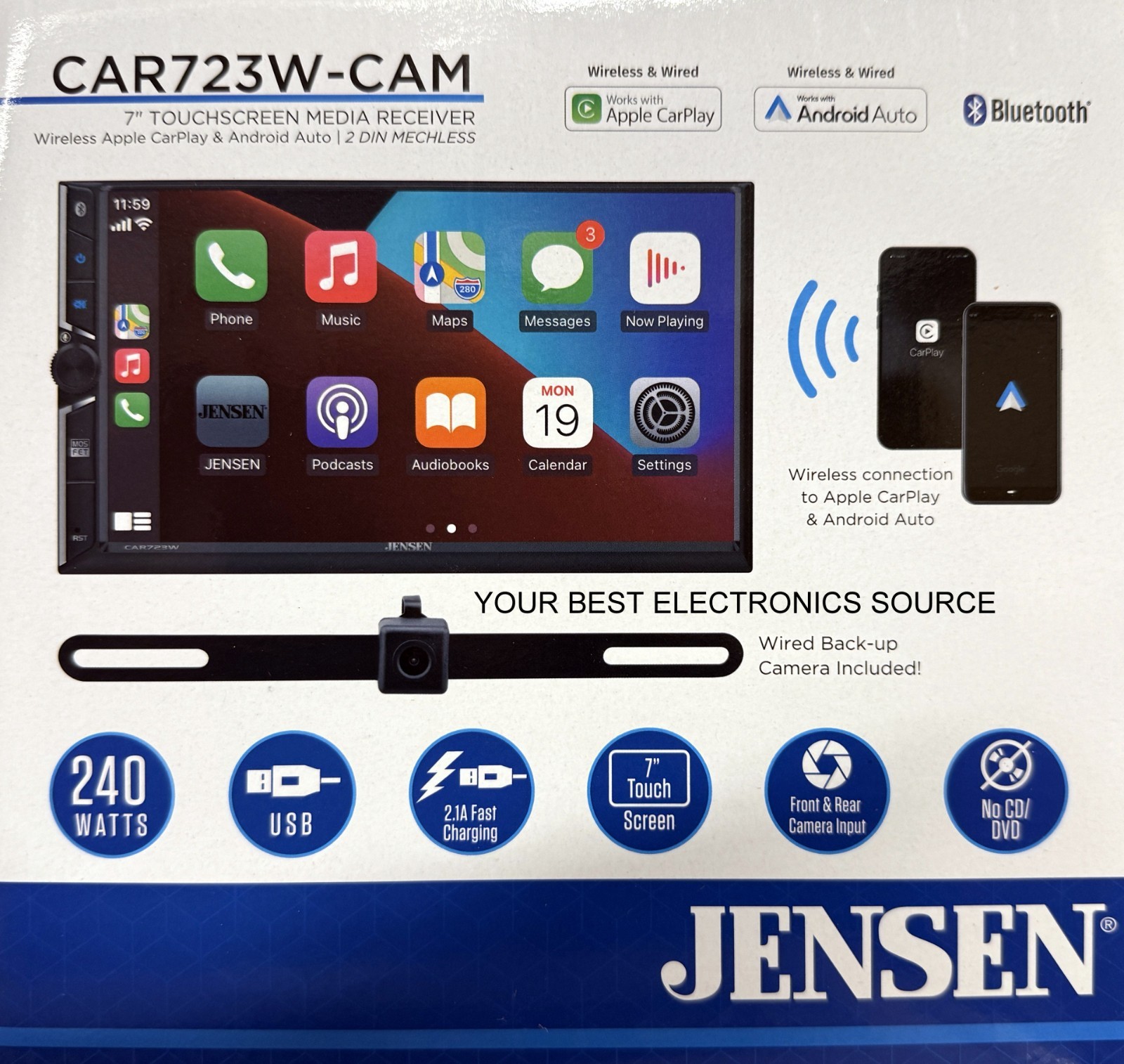 NEW Jensen CAR723W-CAM Digital Media Stereo, 2DIN, Wireless CarPlay/Android Auto