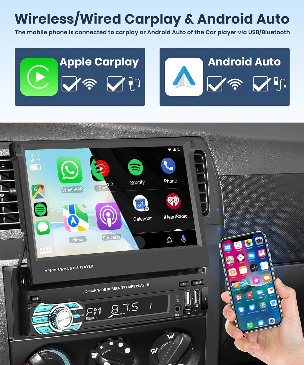 Single 1DIN Car Radio Stereo Touch Screen Bluetooth Flip out MP5 Player Carplay