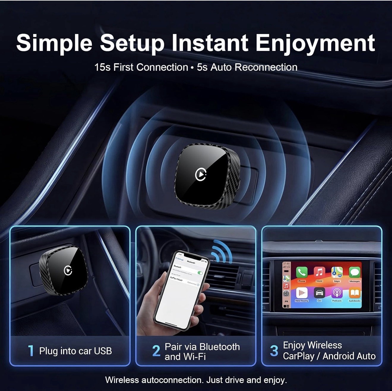 Adaptador Inalámbrico Carplay, Para Apple Iphone Y Android. Bluetooth Y Wi-Fi.