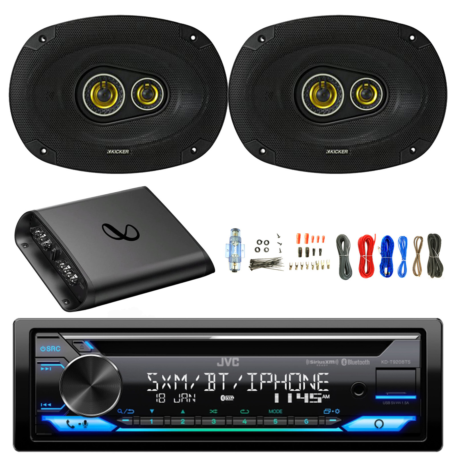 JVC Single DIN Bluetooth AM/FM CD Receiver, 2x 6×9″ 450W Car Speaker, Amp w/Kit