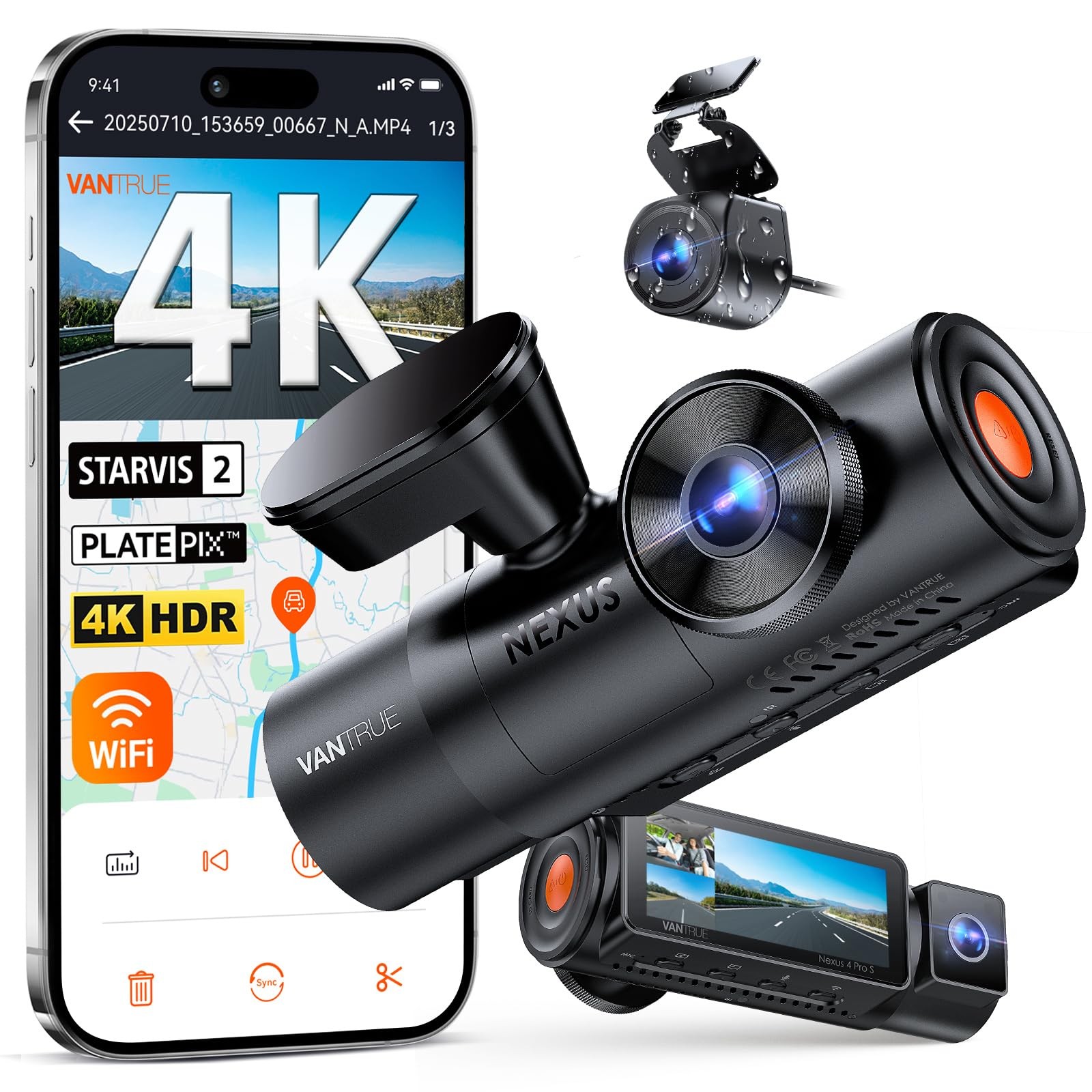 Vantrue N4 Pro S 4K 3 Channel Dash Cam Triple STARVIS 2, 4K+1080P+2.5K Front