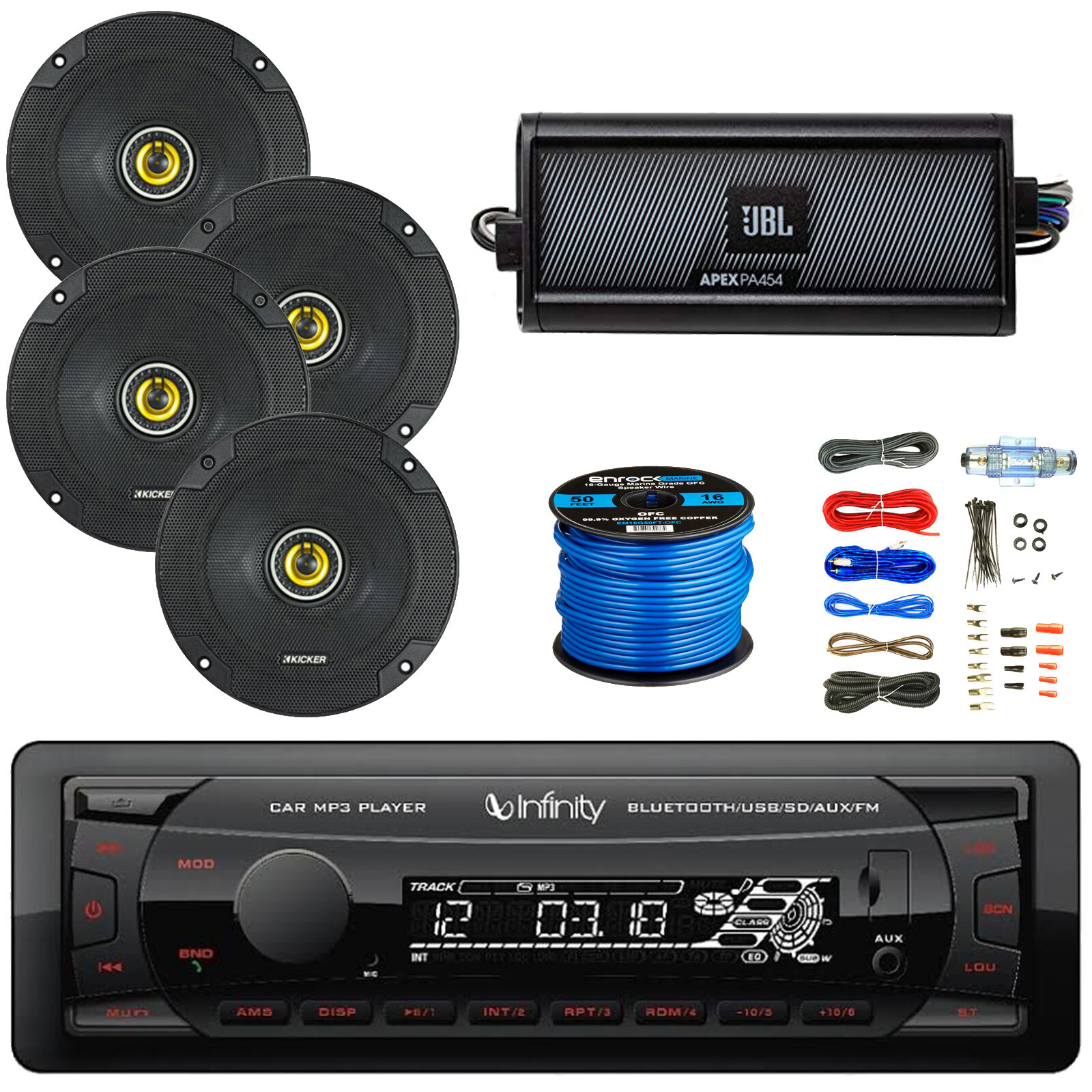 Infinity Alpha 100 Bluetooth Receiver, 4x 6.5″ 300W Speakers w/Wire, Amp w/ Kit