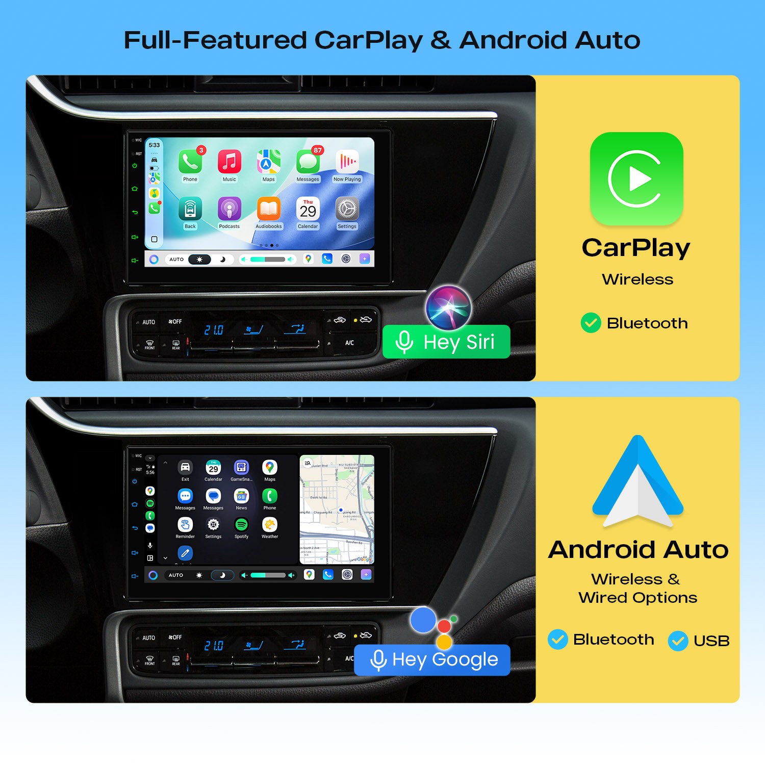 Wireless CarPlay Android Auto Car Radio 7 inch Double Din Stereo GPS Navigation