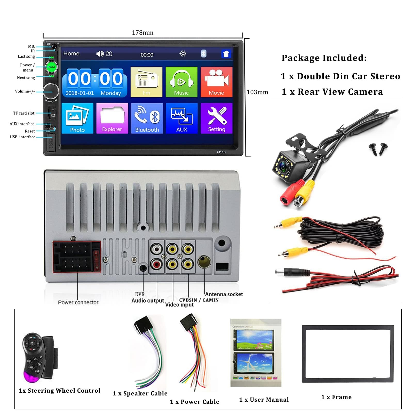 Car Stereo Double Din Bluetooth Radio 7 Inch MP5 Player HD Touch black