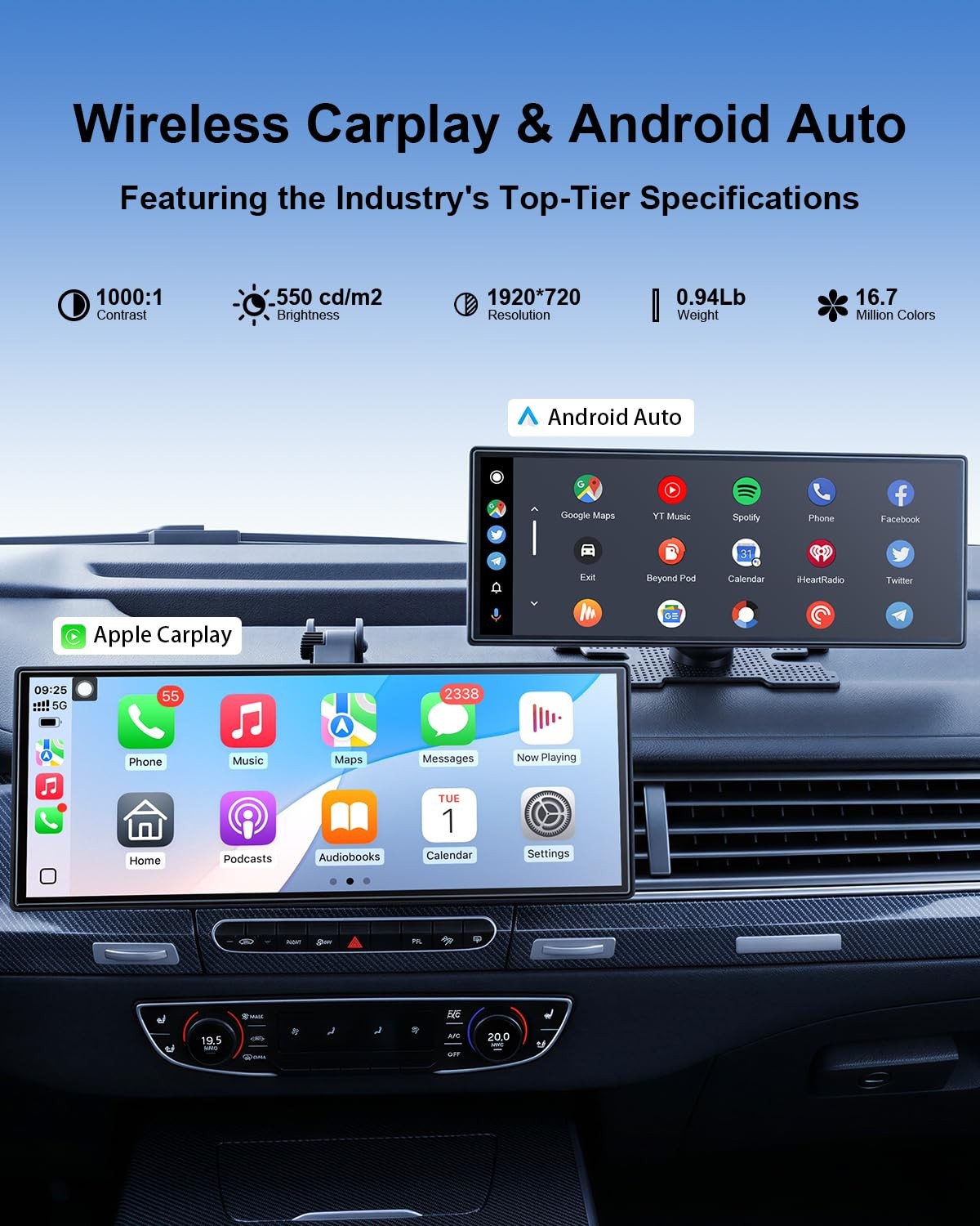25HOURS 11” Wireless Carplay Screen with Net-Flix YouTube Apps and Backup Ca…