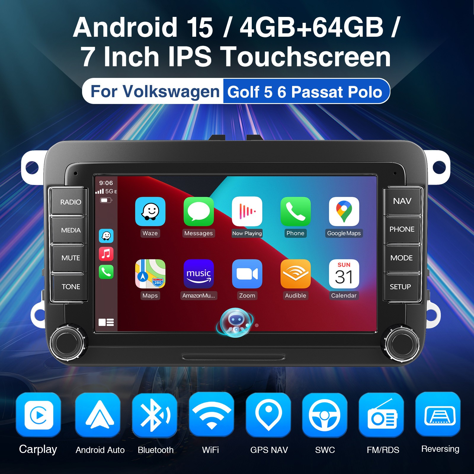 7″ Apple Carplay For VW Volkswagen Jetta Passat Android 14 Car Stereo Radio GPS