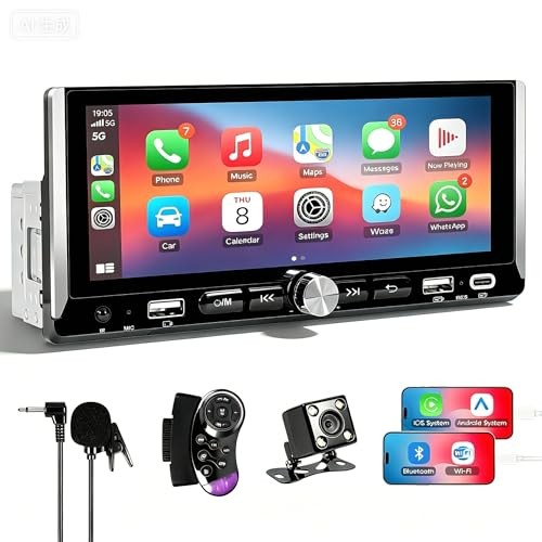 Single Din Car Stereo with Wireless Apple Carplay and Android Auto, 6.86″ IPS