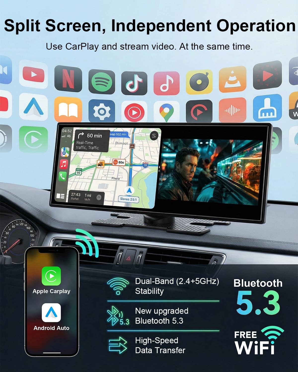 25HOURS 11” Wireless Carplay Screen with Net-Flix YouTube Apps and Backup Ca…