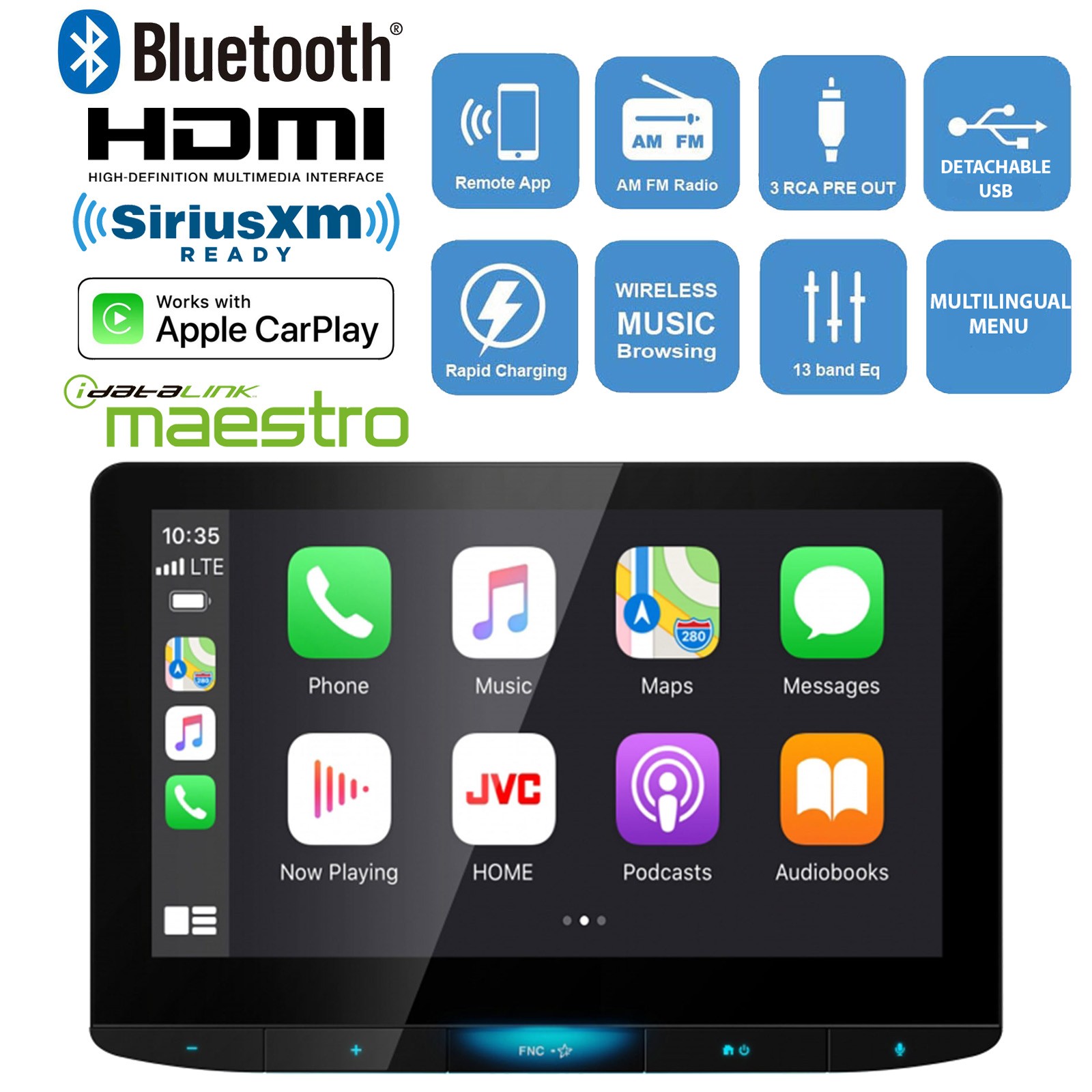 JVC KW-Z1000W HD Radio AM/FM Stereo USB Bluetooth Digital Media 10.1″ Receiver