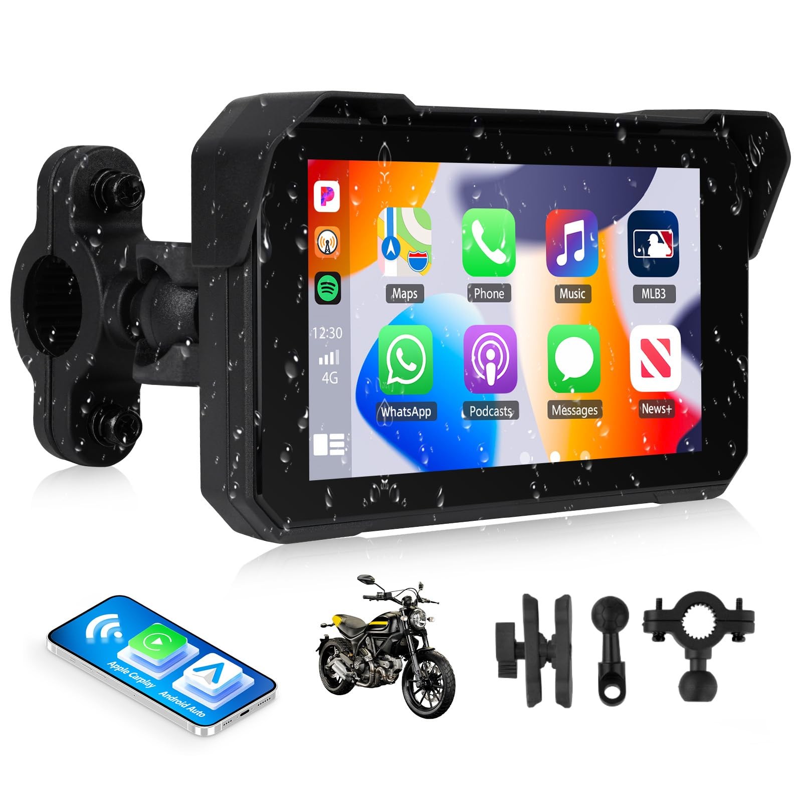 Motorcycle CarPlay Screen with Wireless Apple CarPlay Android Auto, IP68 Wate…
