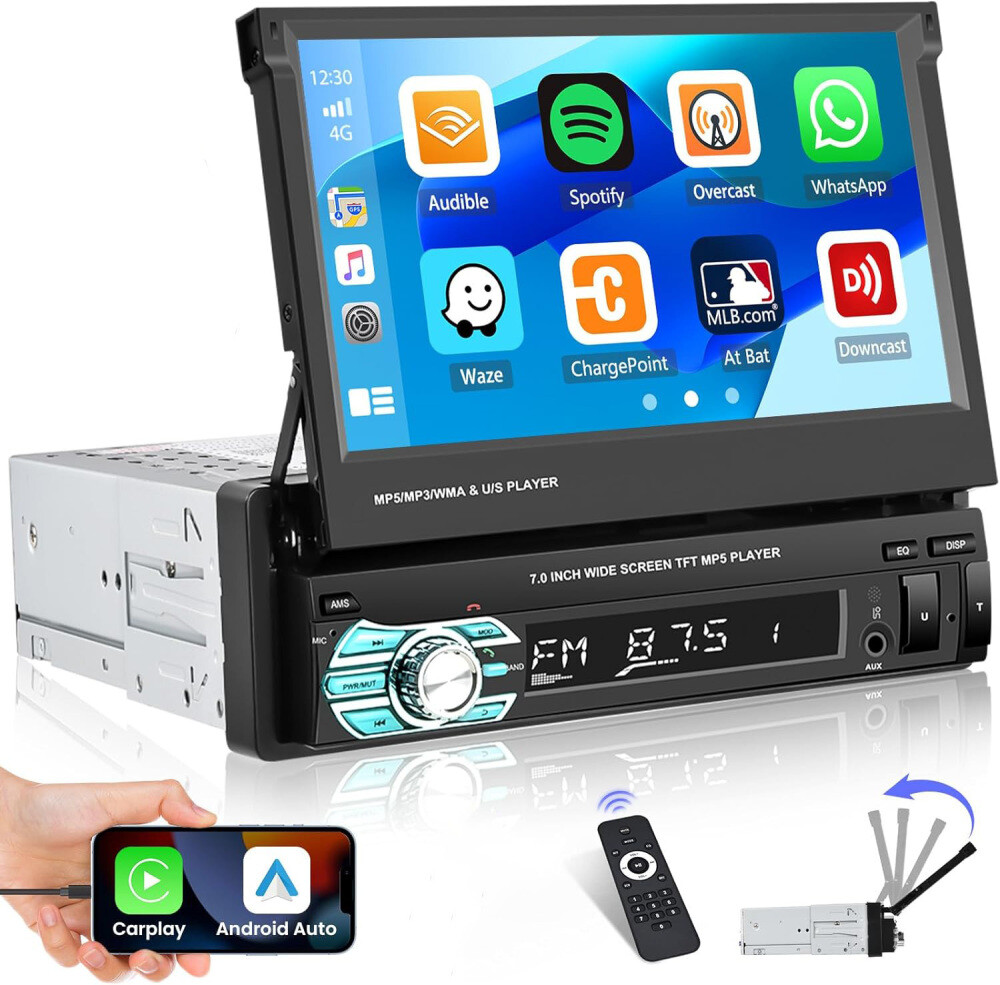 Single 1DIN 7″ Flip Out Car Radio Stereo Wireless Apple Carplay Android Auto BT