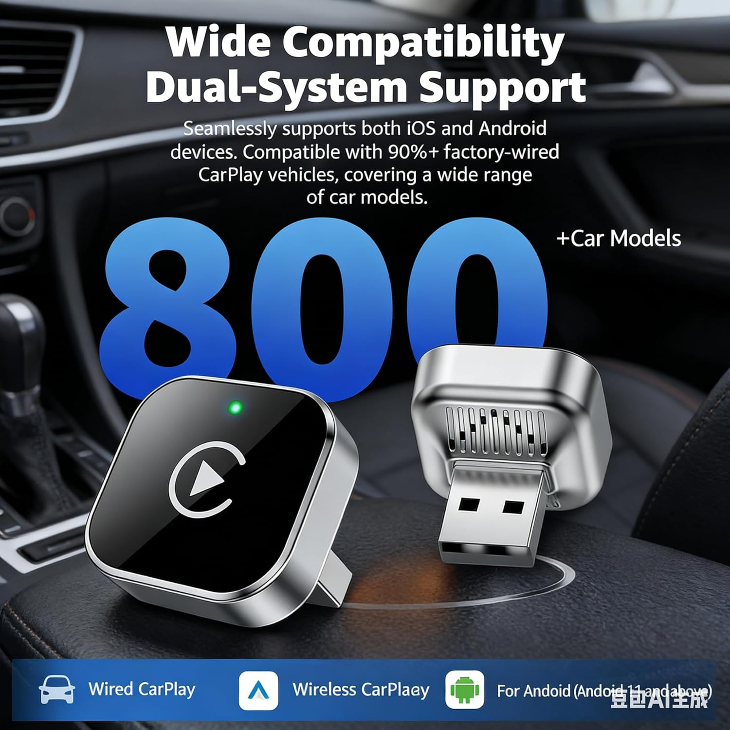 Wireless Carplay Adapter with Ultra-Mini USB Design for Apple CarPlay & Android