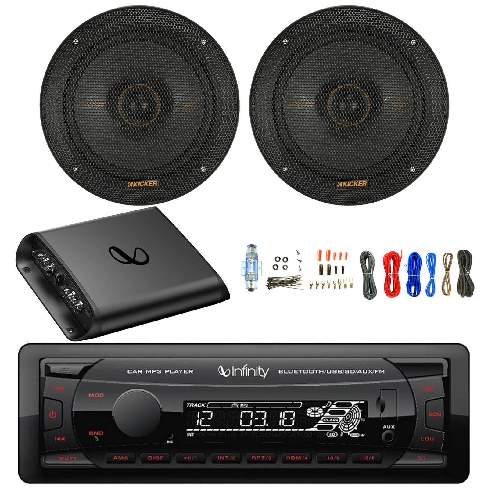 Infinity Single DIN Bluetooth FM Radio Receiver, 2x 6.5″ 200W Speaker, Amp w/Kit